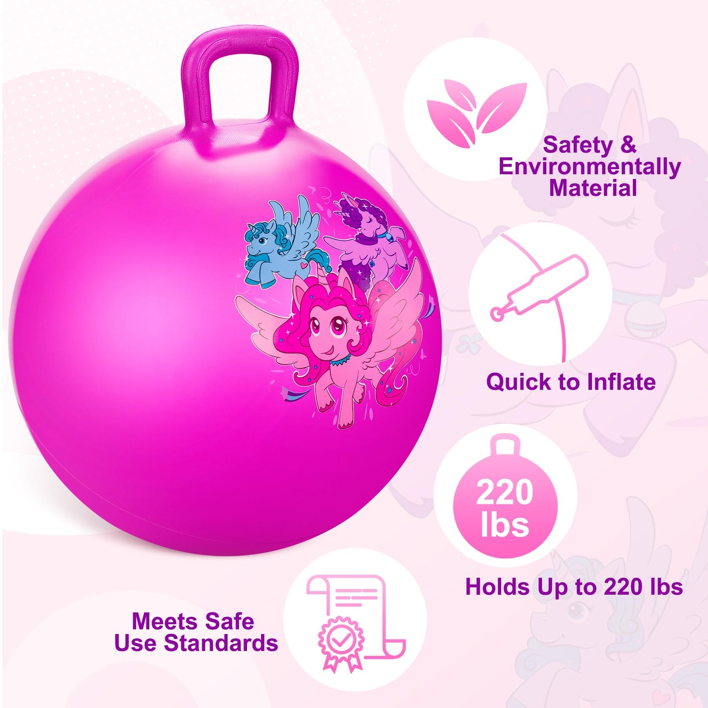 ZOOJOY Hopper Ball for Kids, 18 Inch Bouncy Ball with Handle, Pink Unicorn Balance Girls Toys for Indoor Outdoor Acitve Play with Pump, Inflatable Birthday Gifts for Girls Boys 3-8 Yr Old