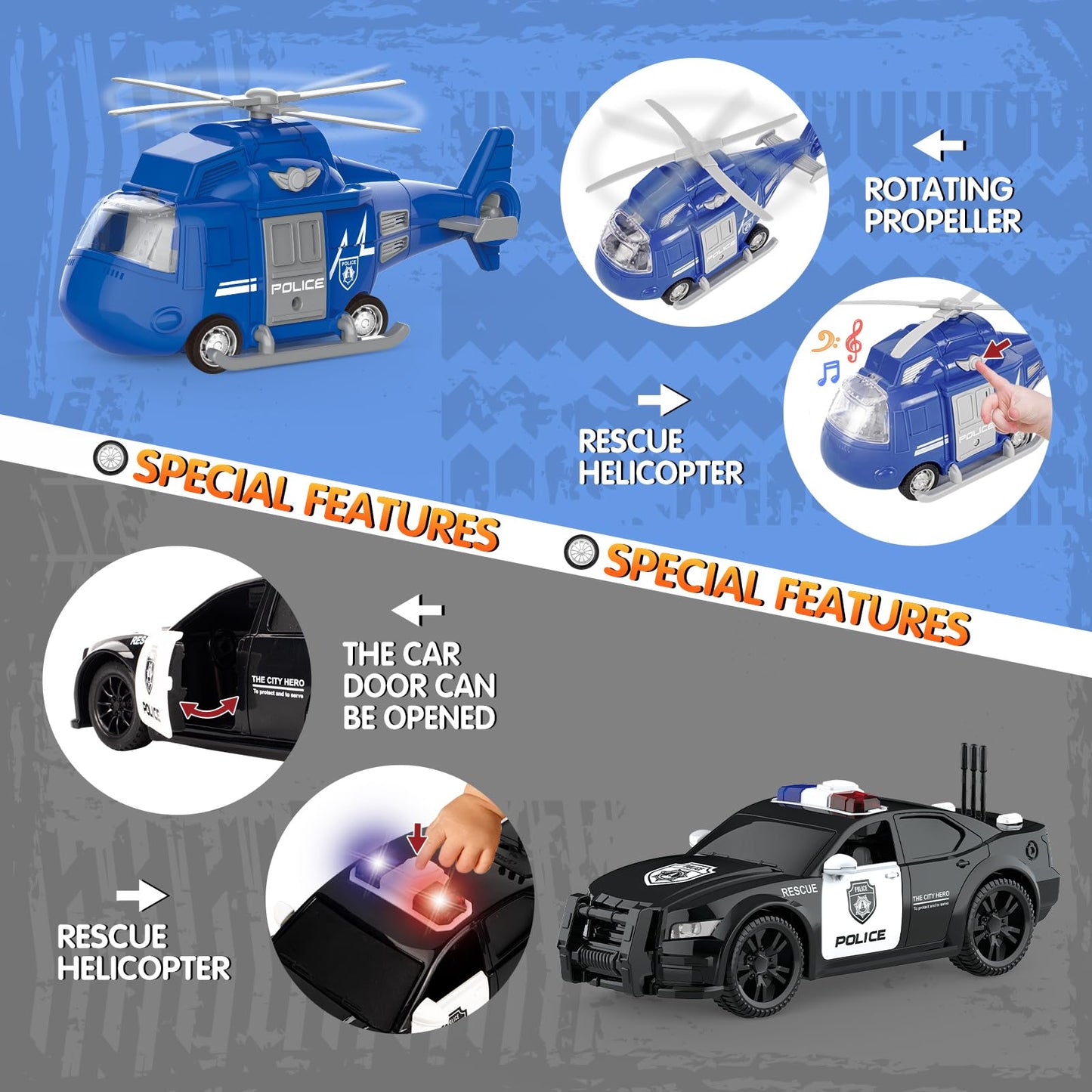 COVTOY 4 Pack Emergency Vehicles with Lights & Siren Sounds - Fire Truck, Ambulance, Police Car & Helicopter - Friction Powered Toys for Boys 3-6