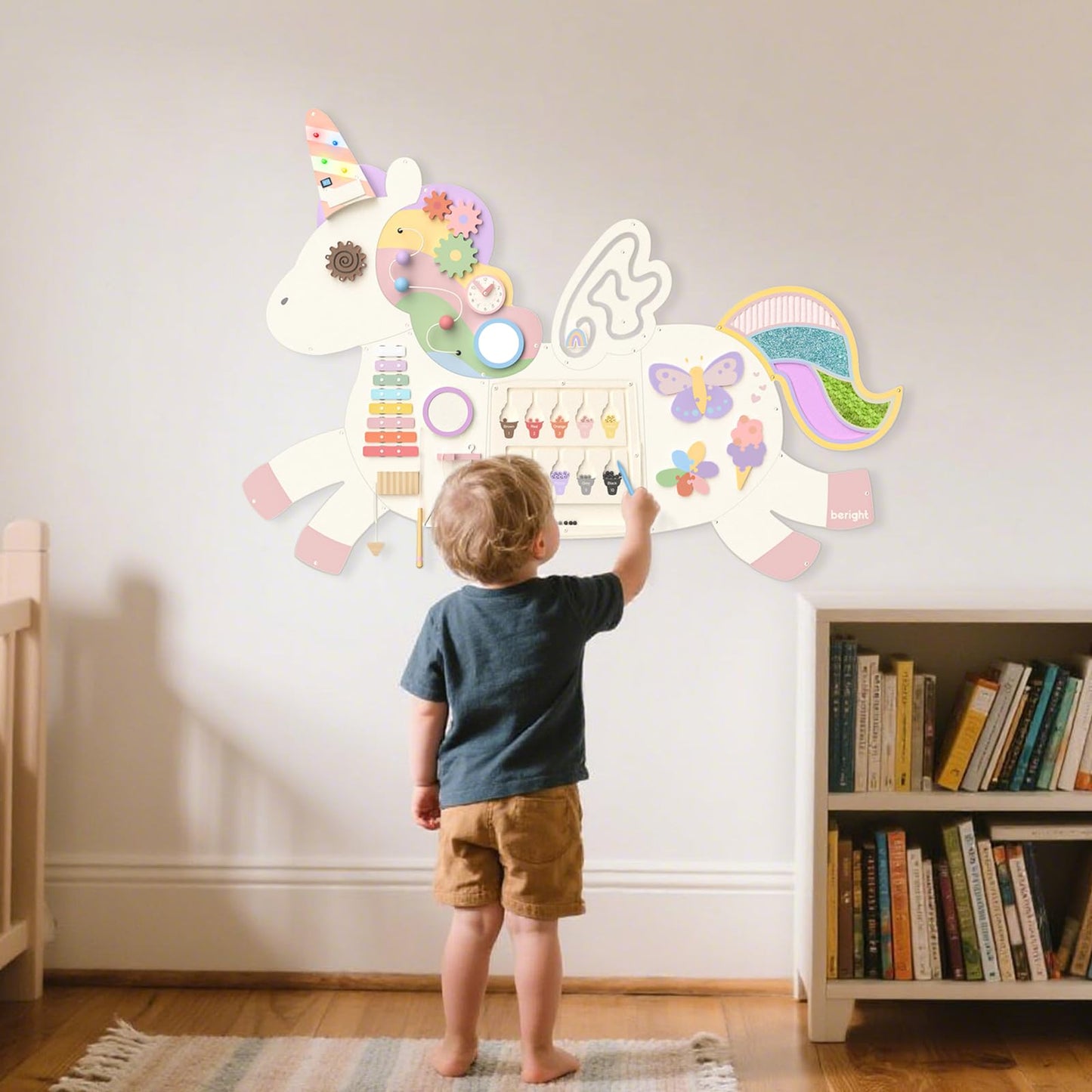 Asweets Unicorn Activity Wall Busy Board Panels, Montessori Sensory Toys, Toddler Learning Activity Center, Perfect for Toddler Playroom & Children's Daycare, White