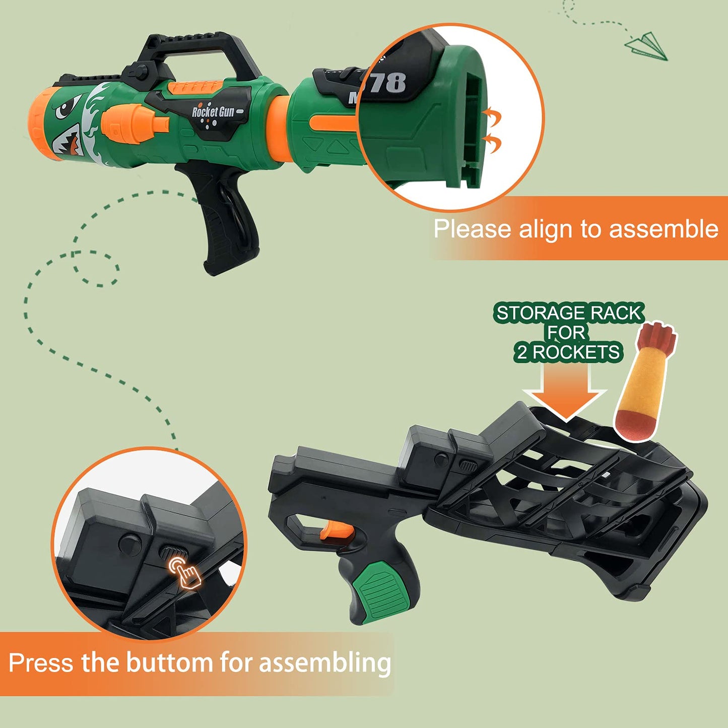Gantan Toy Rocket Barrel Launcher-Fires Foam Rockets Includes 6 Rockets Compatible with RL Blaster- Shooting Game Toy Air Power Blaster Toy Gun for Youth, Adults