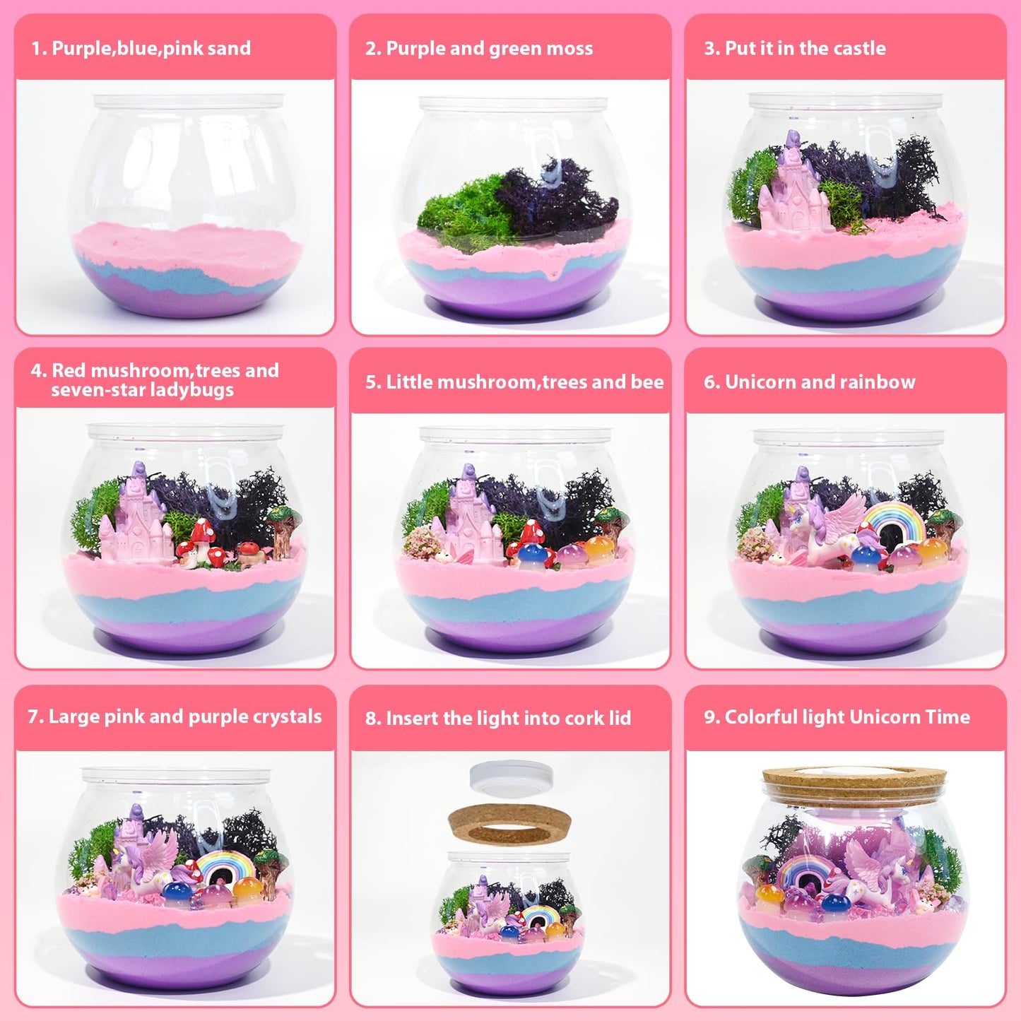 lonfypeng Unicorn Terrarium Crafts Kit for Kids-LED Night Light Up & Remote Unicorn Birthday Gifts Toys for Girls Ages5 6 7 8 9 10 Year Old-Christmas Gifts for Girls