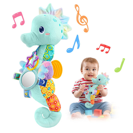 LIGHTDESIRE Baby Toys Musical Seahorse,Infant Stuffed Animal Toys with Crinkle and Rattles,Soft Sensory Toys with Textures for Tummy Time Newborn Boys Girls 0 3 6 12 Months(Blue)