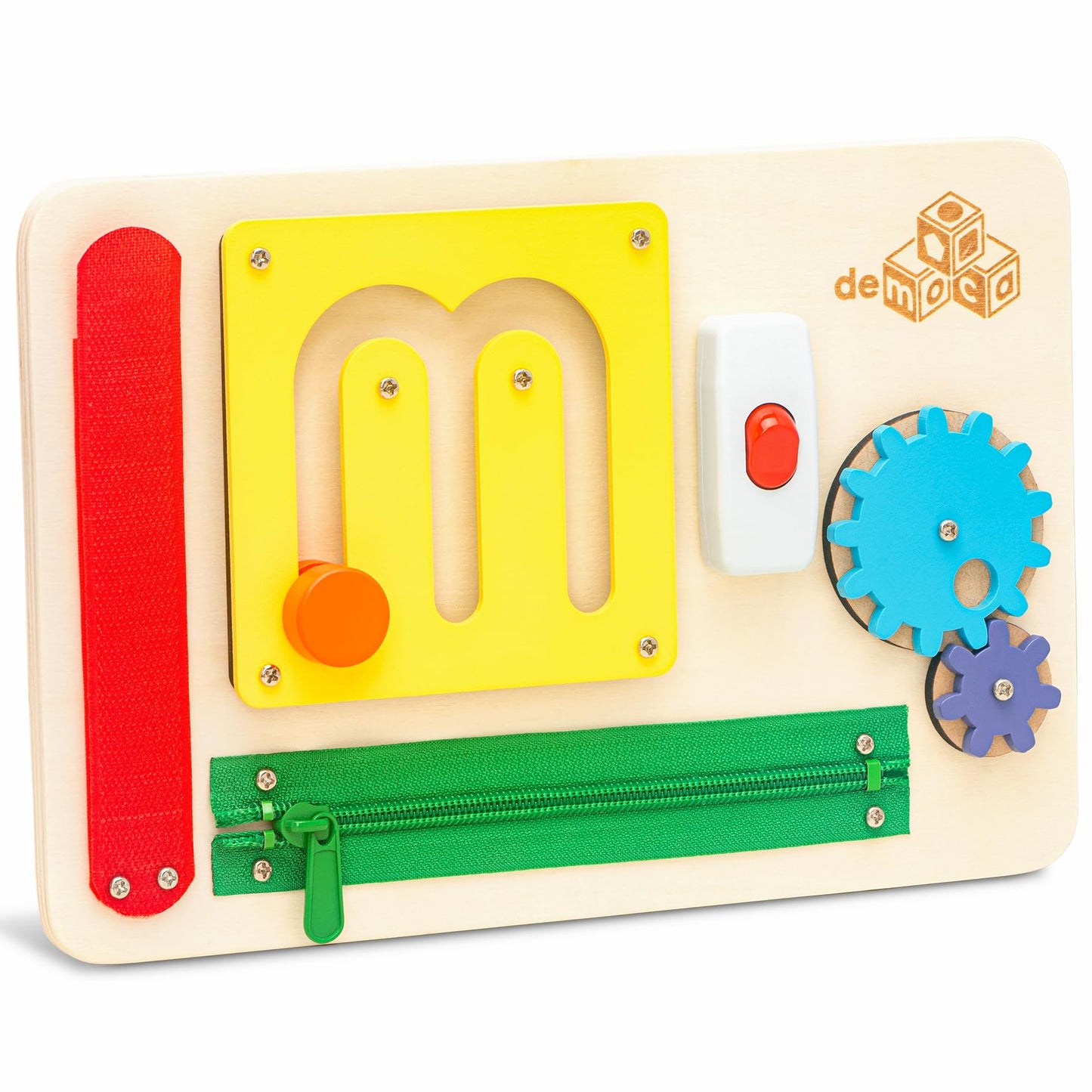 deMoca Sensory Busy Board for 1 Year Old, Travel Wooden Montessori Busy Board for Toddlers 1–3, Switch and Fidget Activity Board for Early Motor Skills and Travel Play