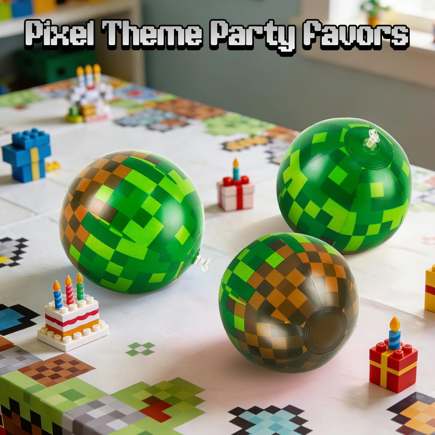 ZSMKJIAYE 24 Pack Pixel Themed Beach Balls - 6 Inches Green and Brown Inflatable Floating Balls for Birthday Party Decorations, Summer Pool and Beach Game, and Bulk Birthday Party Favors