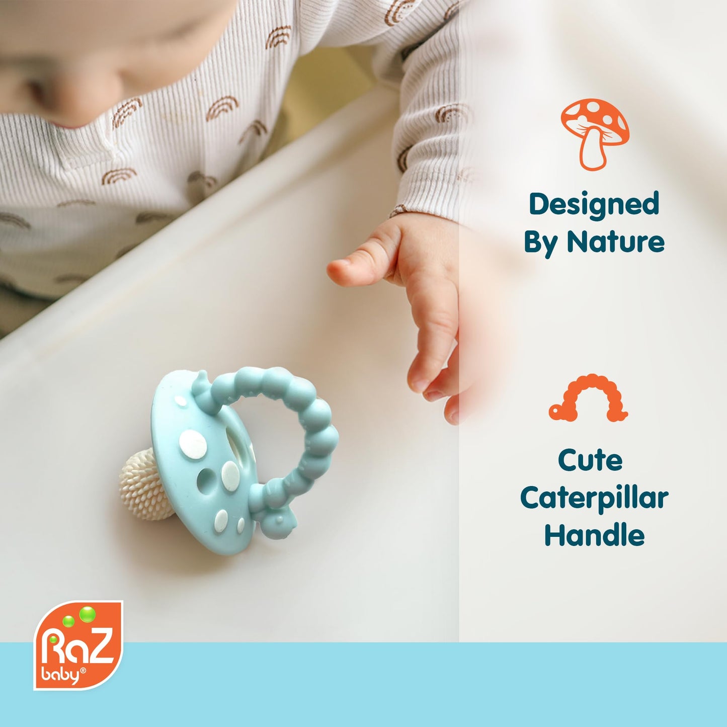 RaZbaby Soft Silicone Infant & Baby 3M+ Teether Toy Massaging Bristles Teething Relief Pacifier - Soothes Sore Gums - Hands-Free & Easy-to-Hold Chompy Teether, BPA Free (Lavender/Green/RED/Blue)