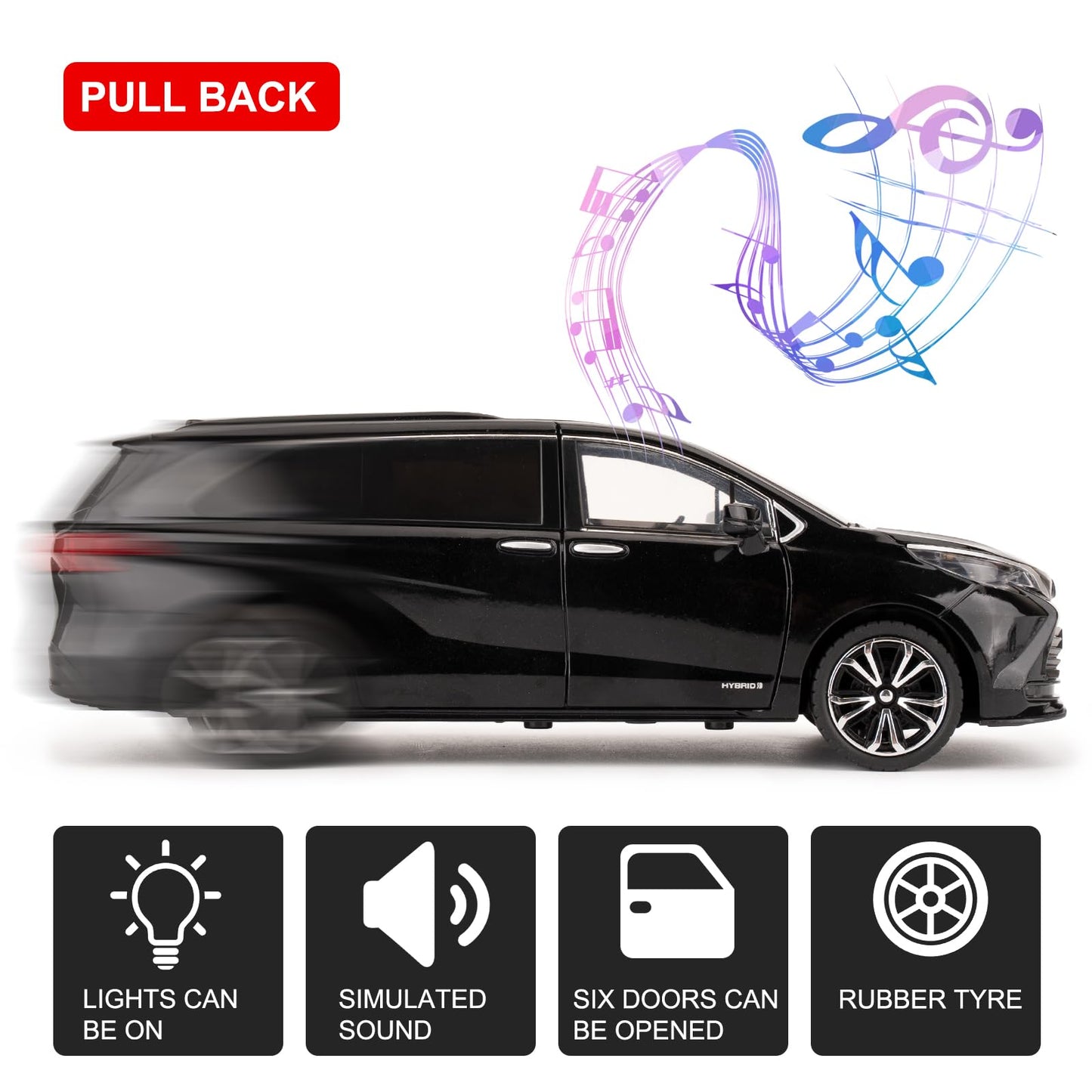 BDTCTK 1:24 Compatible for Sienna MPV Car Model, Pull Back Diecast Toy Car with Sounds＆Lights for Kids Boys Girls and Adults, Gift Black.