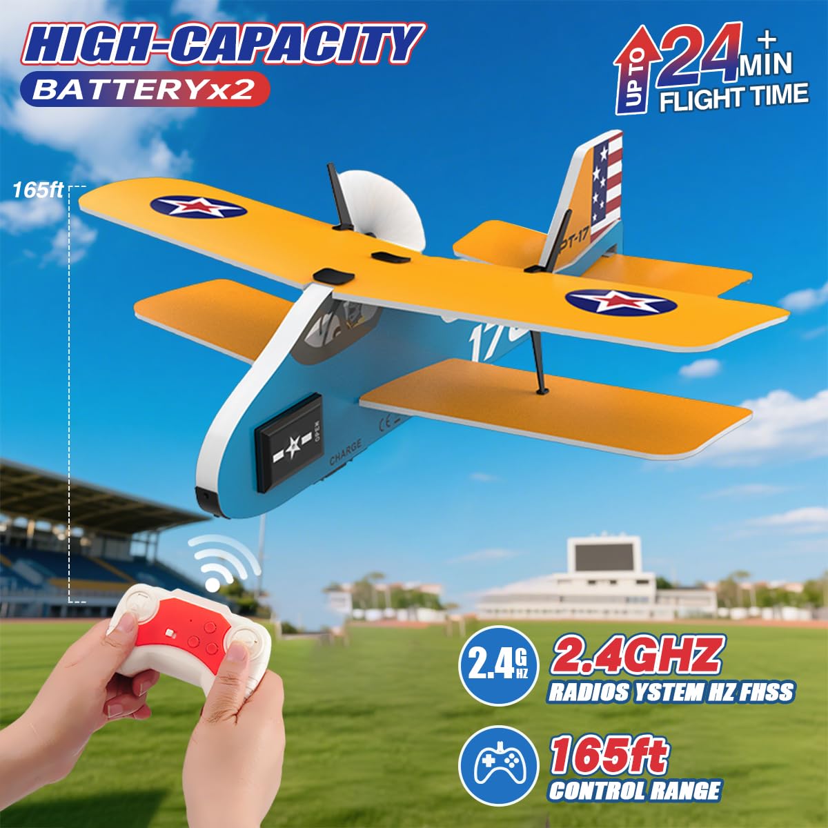 RoofWorld RC Plane 2. 4Ghz RC Airplane for Kids & Beginners Easy to Fly with 6-axis Gyro Stabilizer 2CH MPP Remote Control RC Glider Indoor/Outdoor STEM Toy for Boy Girl Pilots (Yellow Biplane)
