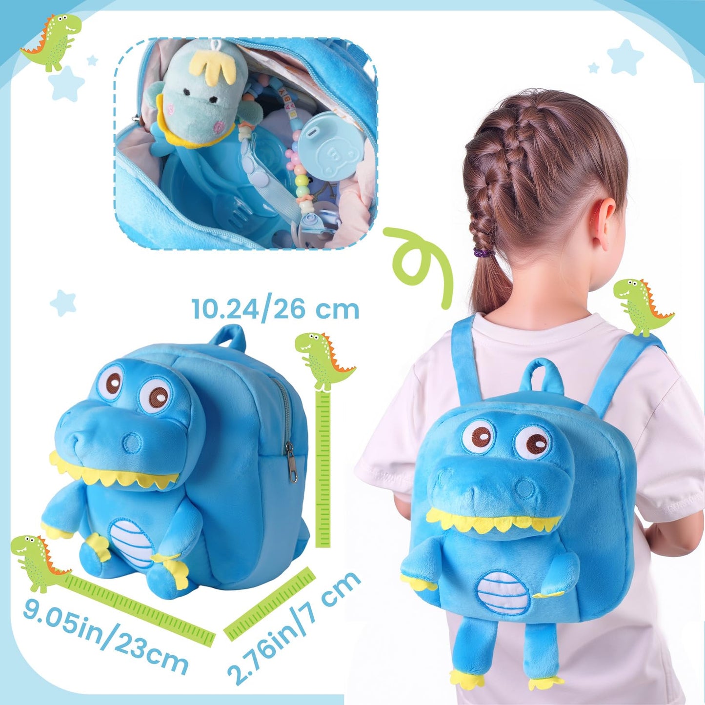 BABESIDE Baby Doll Accessories for 17-22 Inch Dolls – 18 Piecs Dinosaur Reborn Baby Doll Accessories Set with Baby Doll Clothes, Backpack, Feeding Set, Birthday Gift for Boys & Girls,No Doll