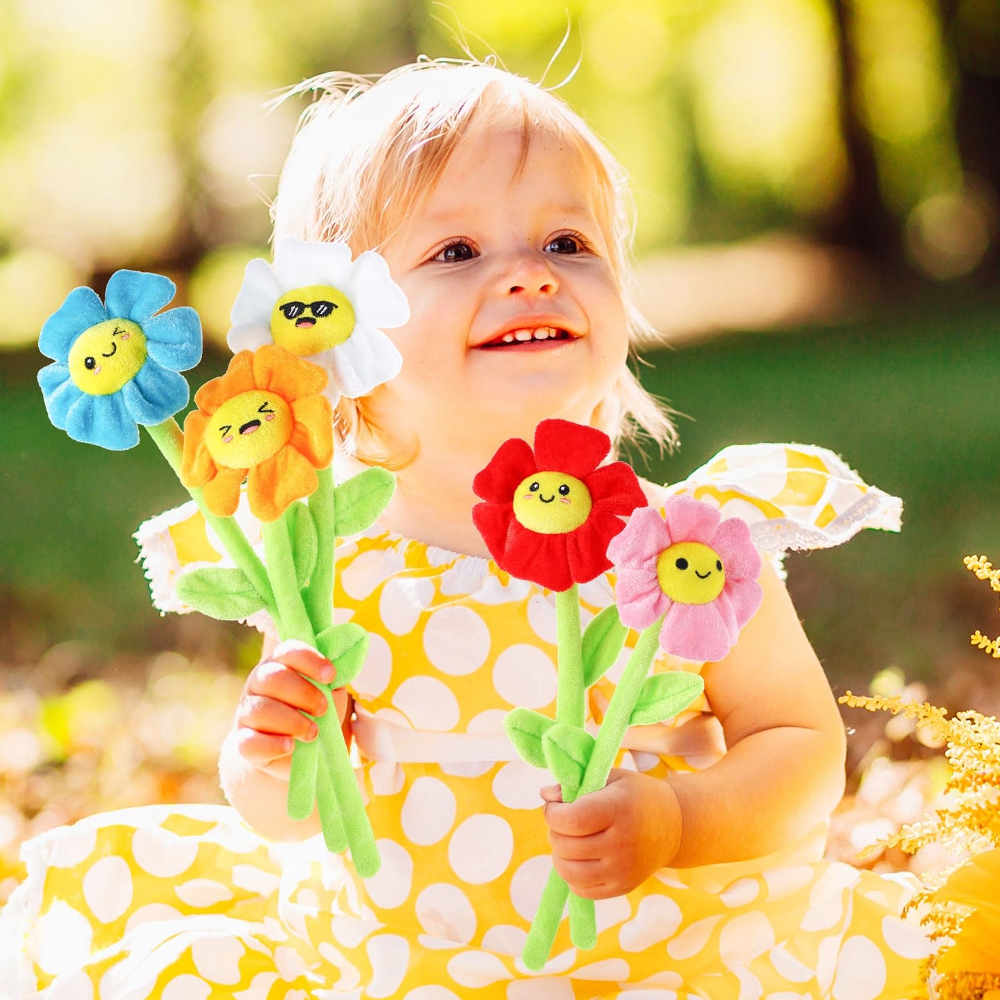 ZJoey 10 Pcs Plush Smile Flower Stuffed Bendable Stems Plush Bouquet Toy Soft Flower 12.6 Inch for Christmas 2026 Mother's Day Girl Girlfriend Wife(Elegant Style)