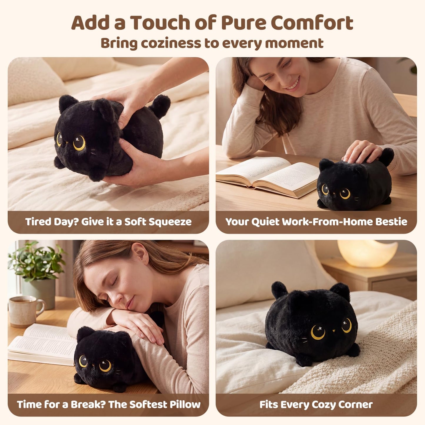 Mewaii Black Cat Plush, Cute Cat Plushies Toy, Soft Kitten Plushie Cuddle Pillow, Anime Plushie Doll, Cute Stuff Toys Gift for Girls, Boys and Males (8 Inch)