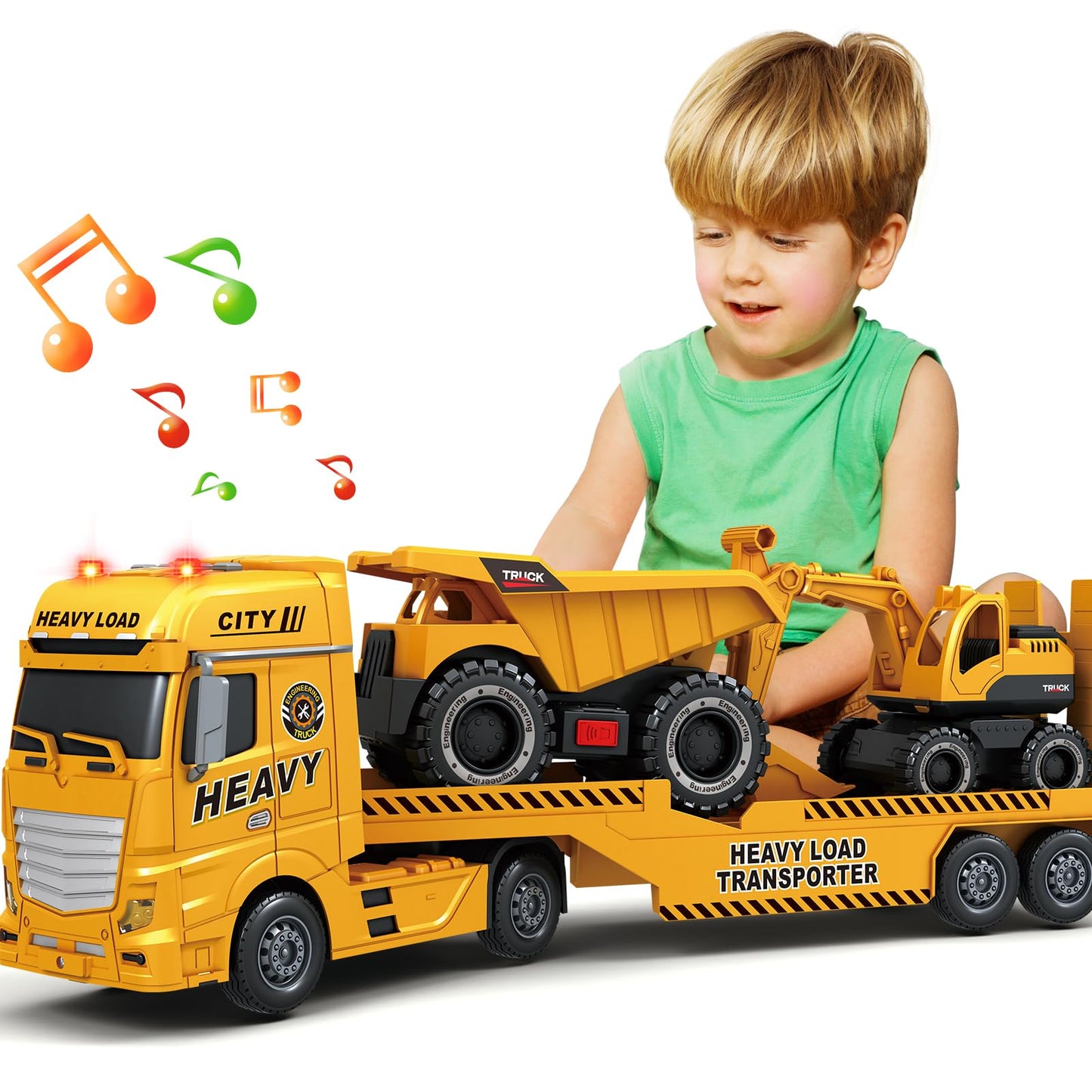 Bstoyder Toddler Boy Toys for 3 4 5 6 7 Years Kids, 25" Semi Construction Carrier Truck Toy with Excavator and Dump Truck, Friction Powered Toys with Lights and Sounds, Birthday for Boy Girls