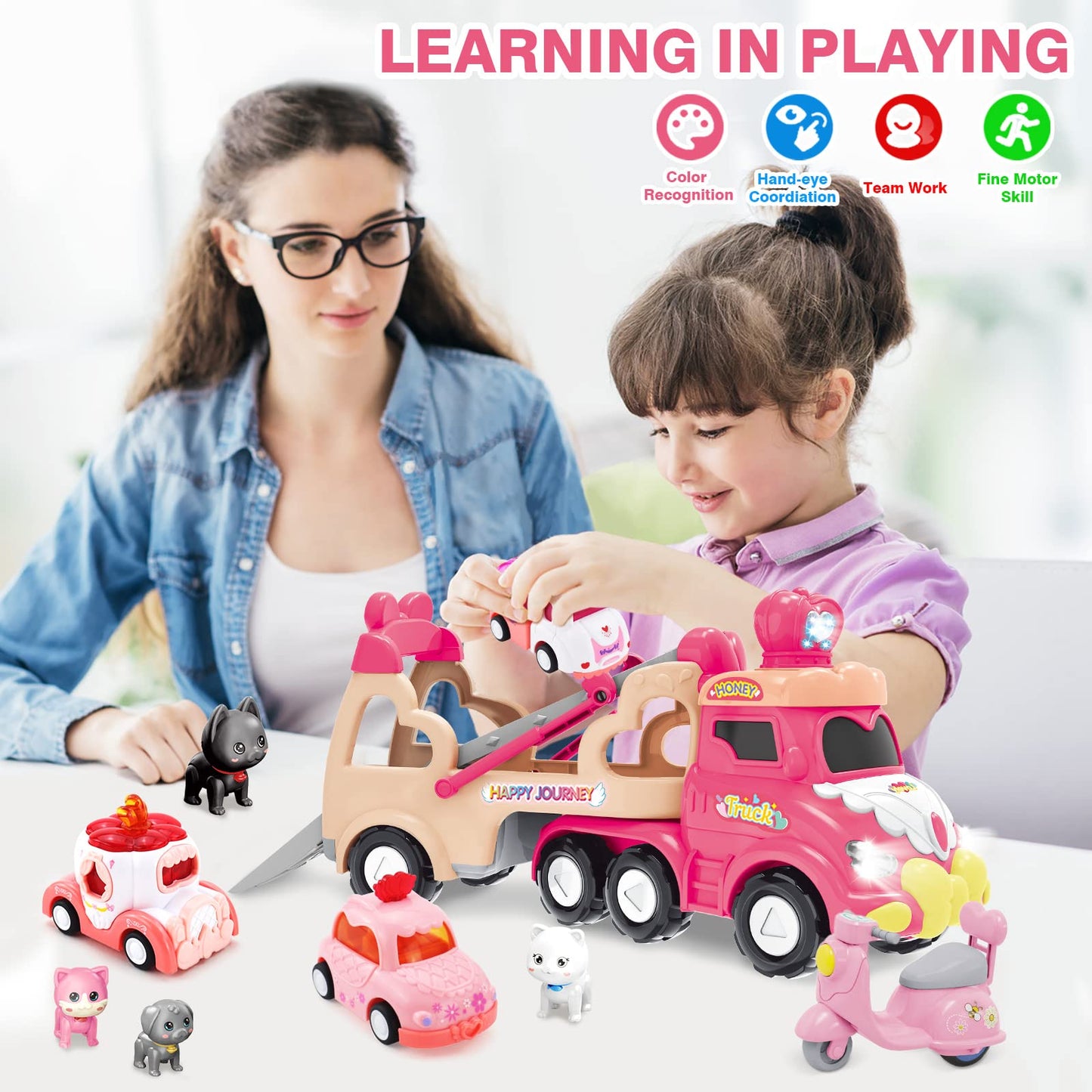 Seveclotree 9 in 1 Carrier Truck Cars Toys - Pink Princess Girl Car with Light and Sound - Toddler Toys Age 1-4