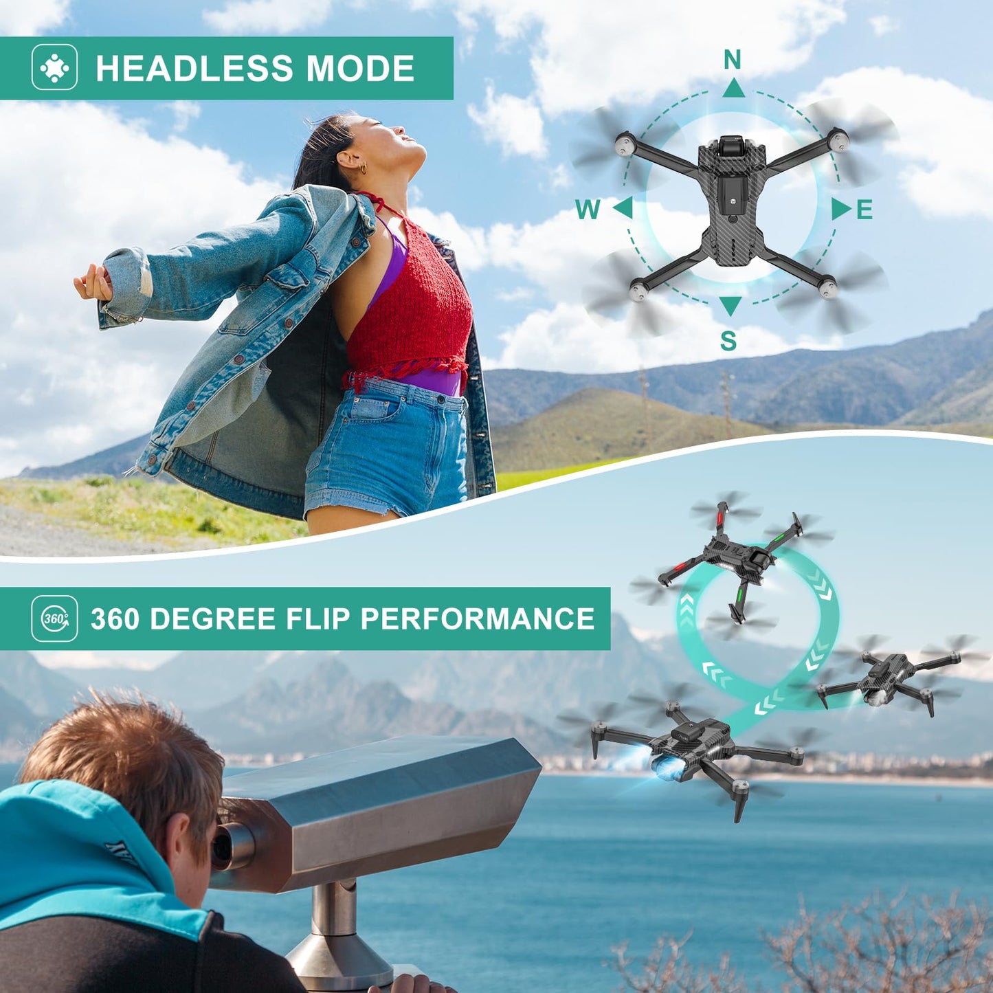 4K Drones with Camera for Kids, Drones for Adults withEmergency Stop, Headless Mode, 360° Flips, CarryingCase & 2 Batteries,Wireless RC Toys for Boys Girls(Charcoal black)