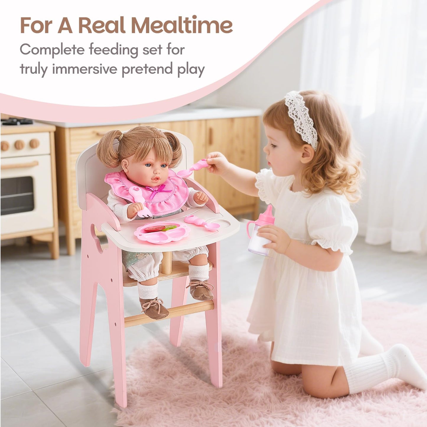 Giant bean Wooden Baby Doll High Chair with Feeding Set, Pretend Play Feeding Seat for Dolls, Includes Bib, Utensils, Bottles & Plate, Toddler Role Play Furniture for 18 Inch Dolls