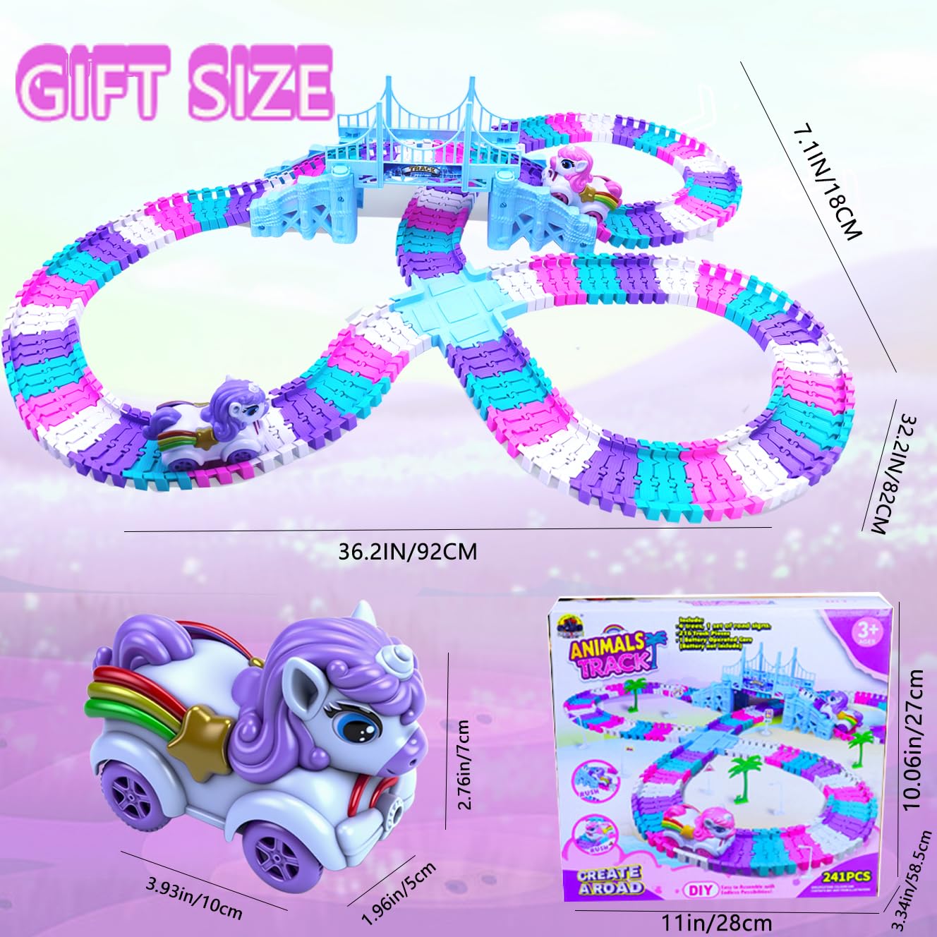 Tracks Car Toys Set for 2 3 4 5 6 7 Year Girl Toddler, 248 PCS Pink Magic Bendable Race Track Toy with 1Unicorn Car Toy and 1 Pink Train, Birthday Gift Idea for Kid