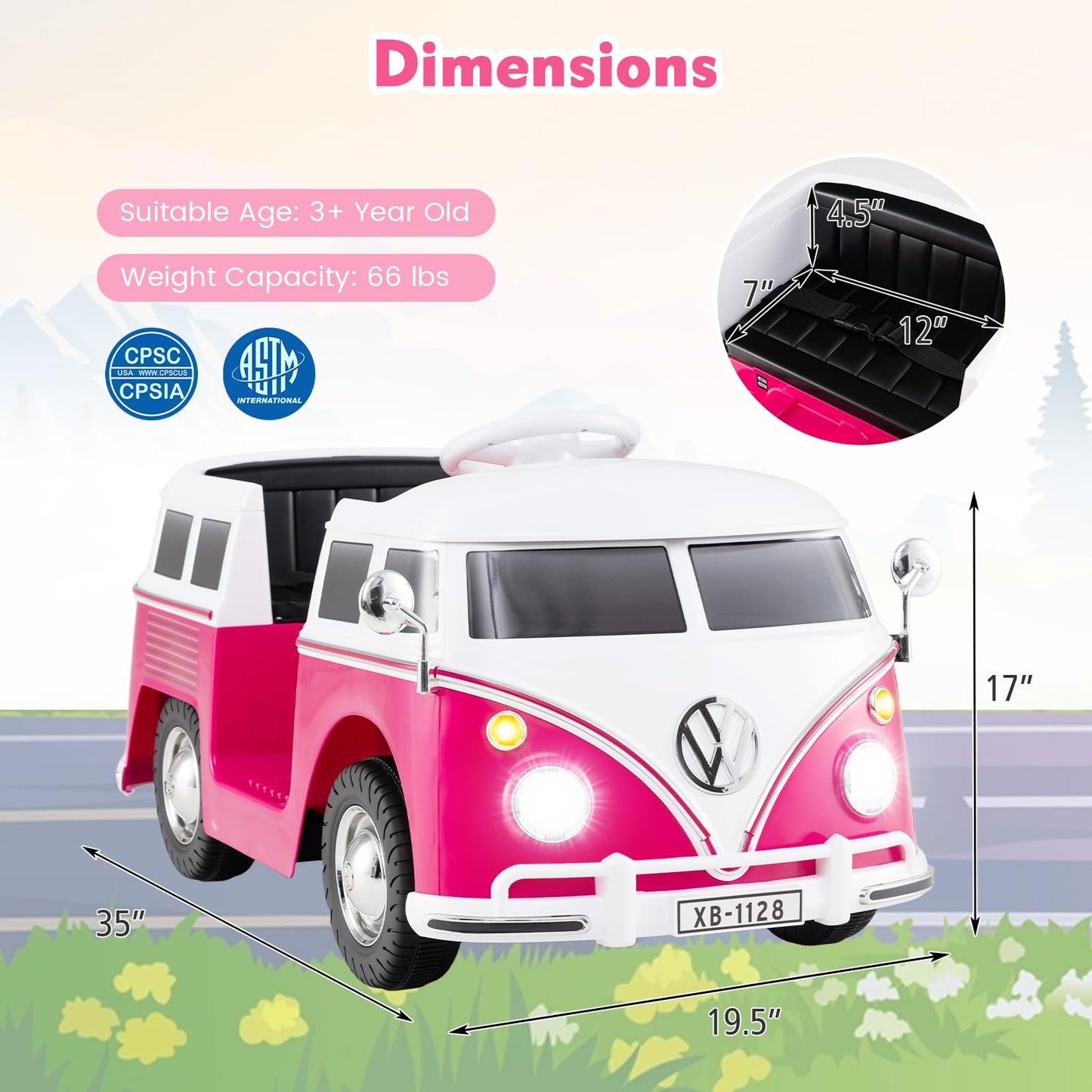 Costzon Ride On Car, 12V Licensed Volkswagen Kids Car Bus with Cup Holder, LED Headlights, Music & Horn, Electric Vehicle with Pedal Control, Soft Start & 2-Level Speed for Boys & Girls Aged 3+ (Pink)