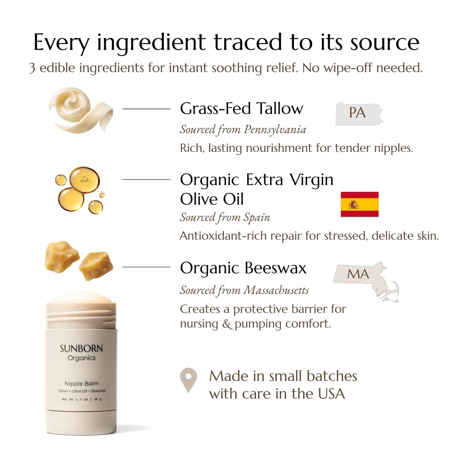 Sunborn Organics Nipple Balm | Nursing-Safe Lanolin-Free Nipple Cream with 3 Edible Ingredients for Sore or Cracked Nipples | Safe for Baby, No Wipe-Off, Third-Party Tested | Made in USA