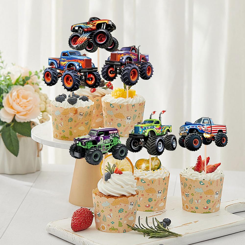 24 PCS Monster Truck Cupcake Toppers Truck Car Theme Birthday Party Decorations Racing Car Theme Birthday Decoration for Boys Girls Baby Shower Kids Cake Decorations Party Supplies