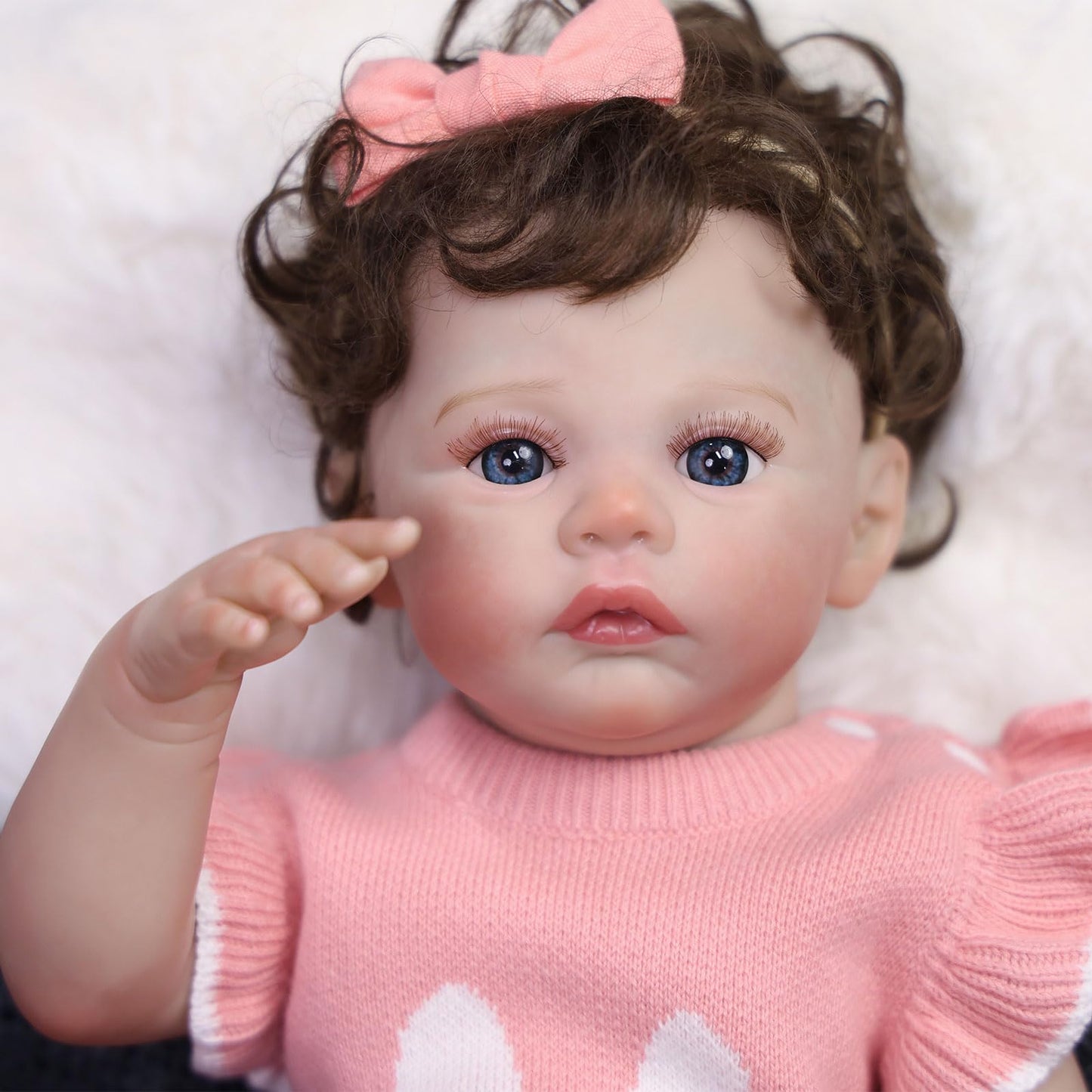 Tookyhill 16 Inch Lifelike Reborn Baby Doll, Full Vinyl Body, Poseable Limbs, Pink Knit Outfit & Plush Bear Toy, Realistic Newborn Doll Gift for Toddler Girls Age 3+ (Brown Bear)