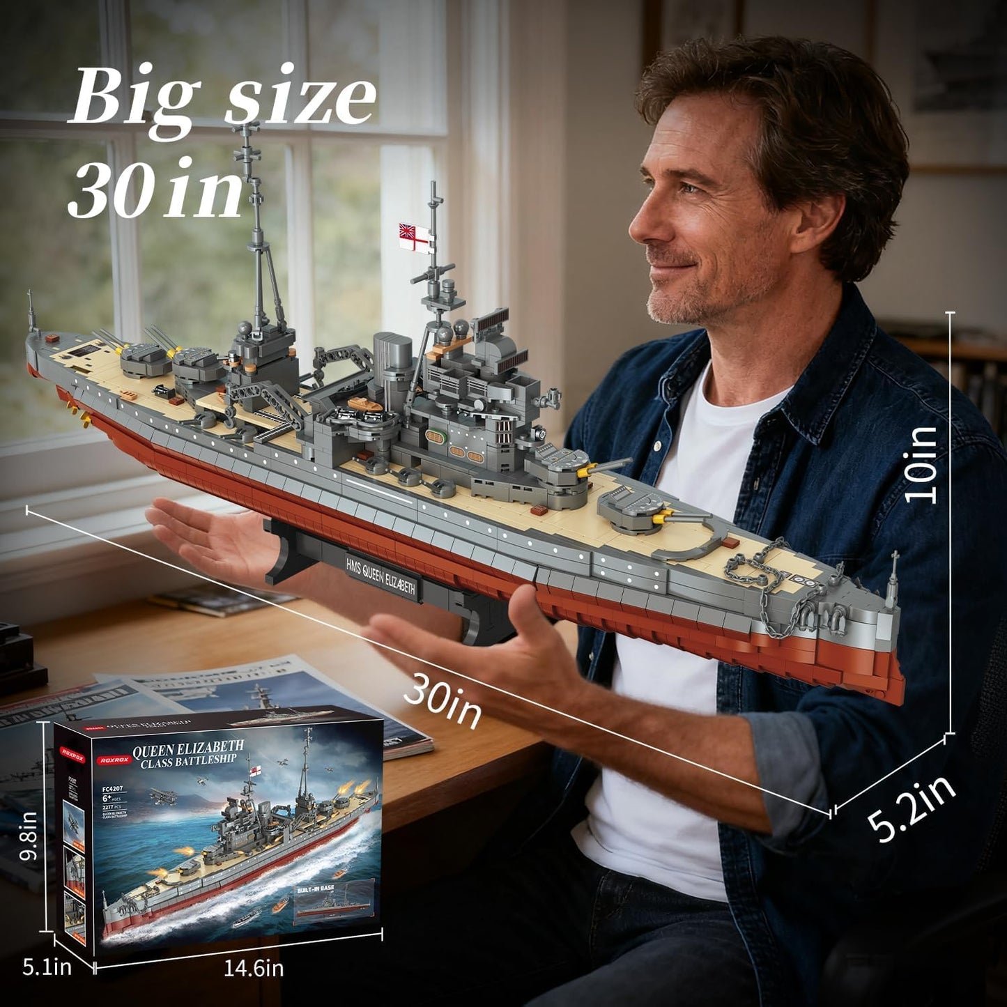 Military Series World War II Battleship Building Kit, 2277 Pcs Queen Elizabeth Class Battleship Compatible with Lego Military Army Set Adults WW2, Gift Boat Building Block Teens 14+ Model Home Decor