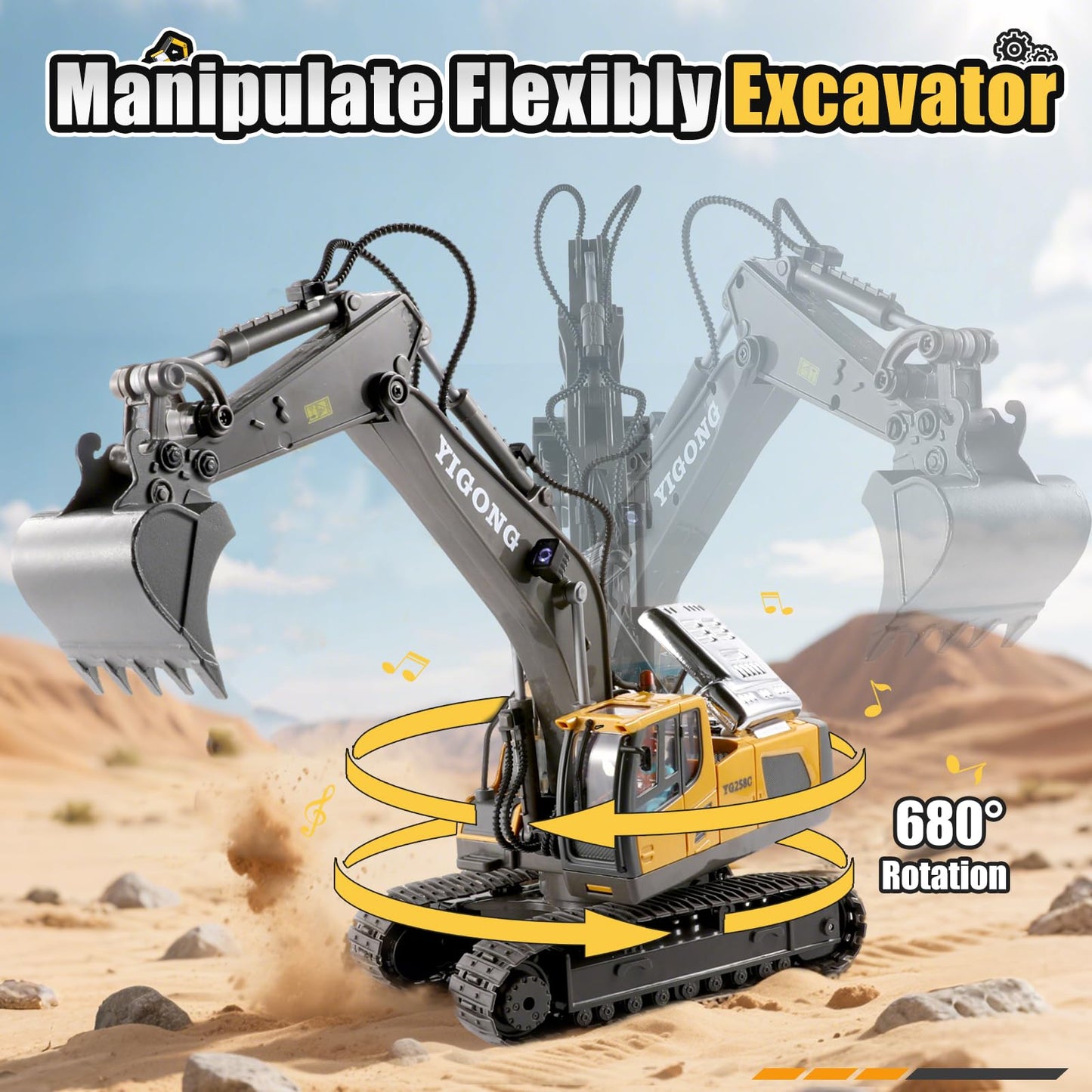 LUDILO Remote Control Excavator Toys for 6 7 8 Year Old Boys Gifts, 11CH 2400mAh 2.4GHz Cars RC Excavator Construction Toy Truck Digger Metal Shovel Sound Light, Kids Boys Toys Age 6-8 Birthday Gift