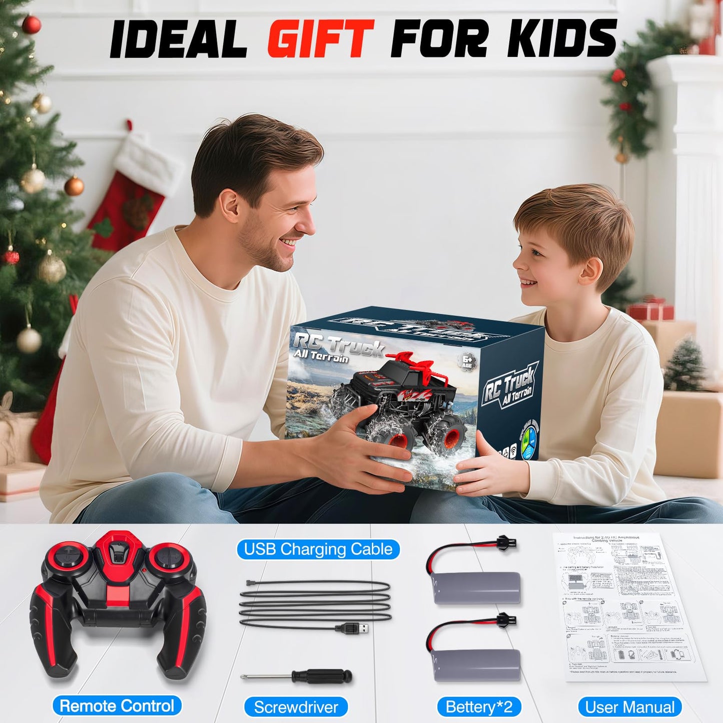 1:16 Waterproof Monster Truck Toys RC Cars, 2.4GHz Remote Control Truck for Kids Boy Ages 8,9,10,11,12 Years Old, 4WD All Terrain Off-Road with LED Lights RC Boat for Boy Girl Birthday Gift - Red