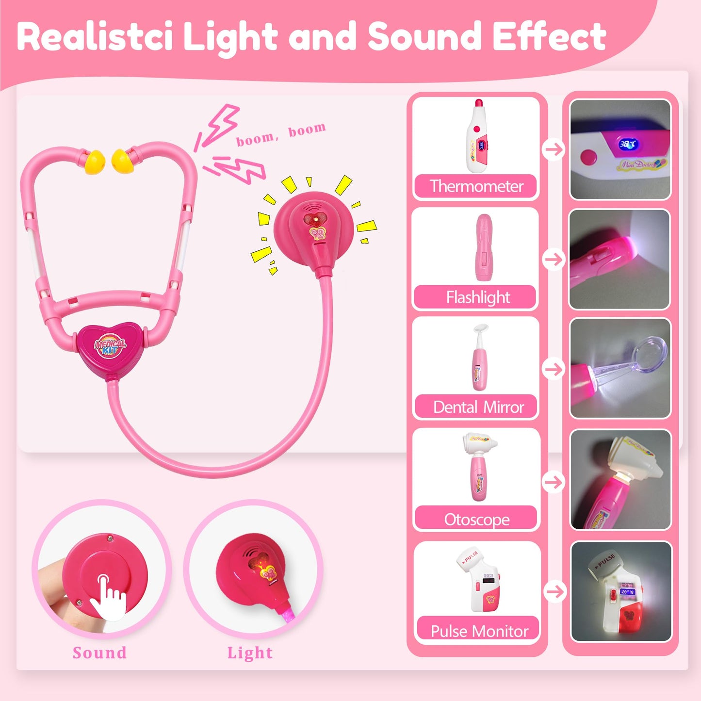 LPFG 24Pcs Doctor Kit for Toddlers 3-5, Kids Doctor Pretend Play Set with Costume, Stethoscope, Funny Doctors Kit Toys Christmas Birthday Gift for Girls Ages 3 4 5 Year Old, Pink