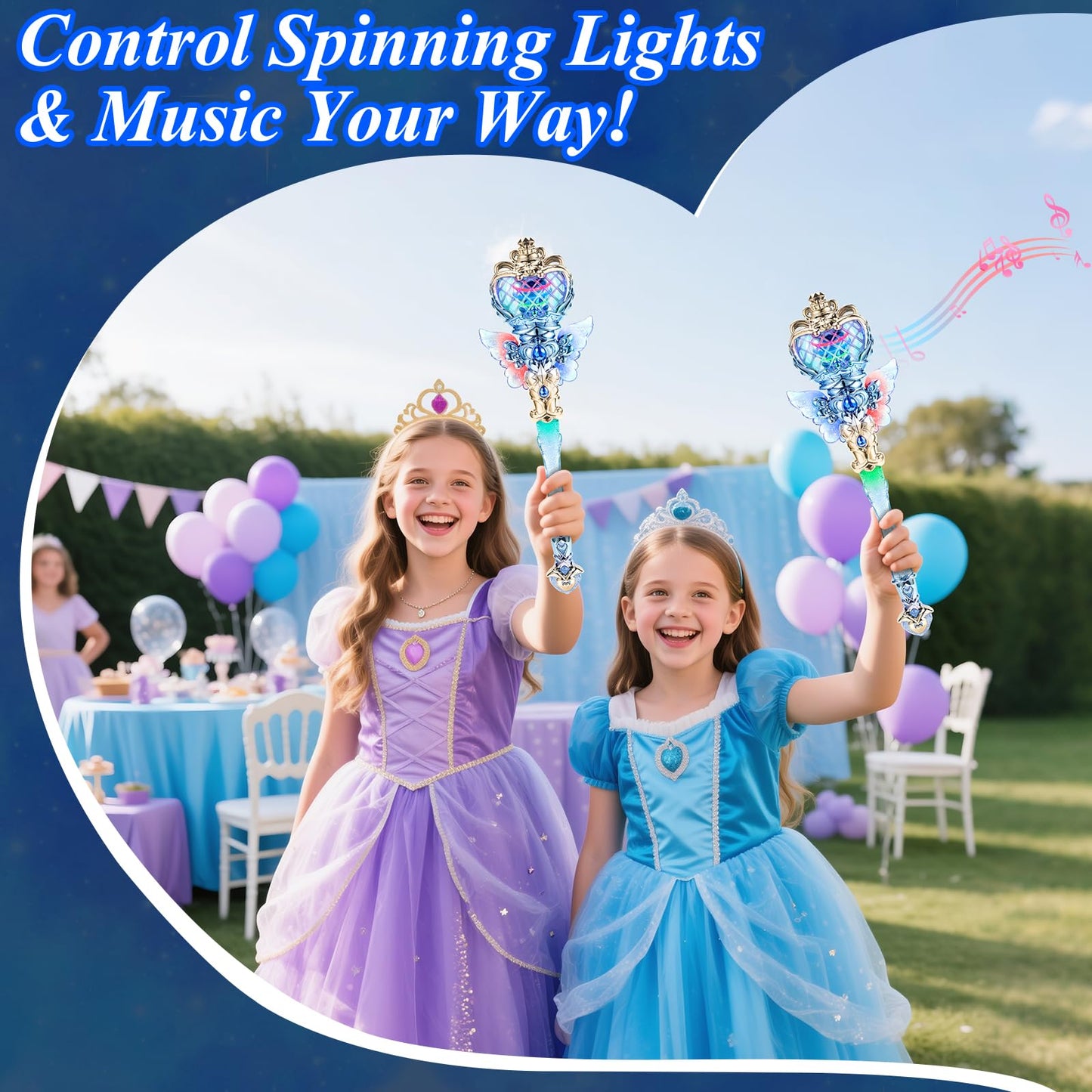 EZVYAO Light Up Princess Wand with Spinning LEDs & Music - Rechargeable Magic Fairy Toys for Kids Girls - Birthday Cosplay Party Favors, Blue