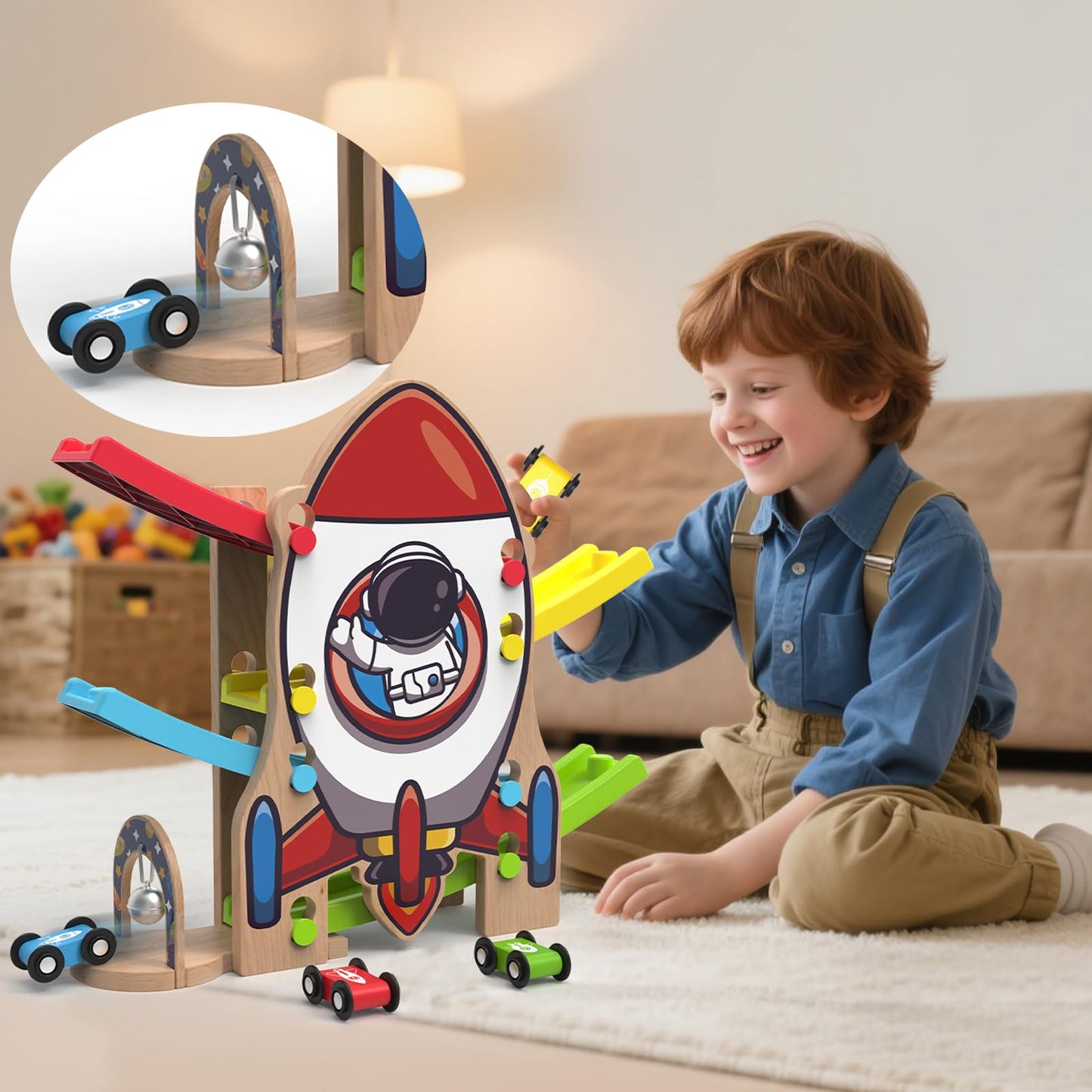 Letoiz Wooden Race Track Car Ramp Racer Toy for Toddlers, Rocket Car Ramp Toy Vehicle Playsets with 4 Mini Cars - Fine Motor Skills Toddler Toys for 2 3 Year Old Boy and Girl Birthday Gifts