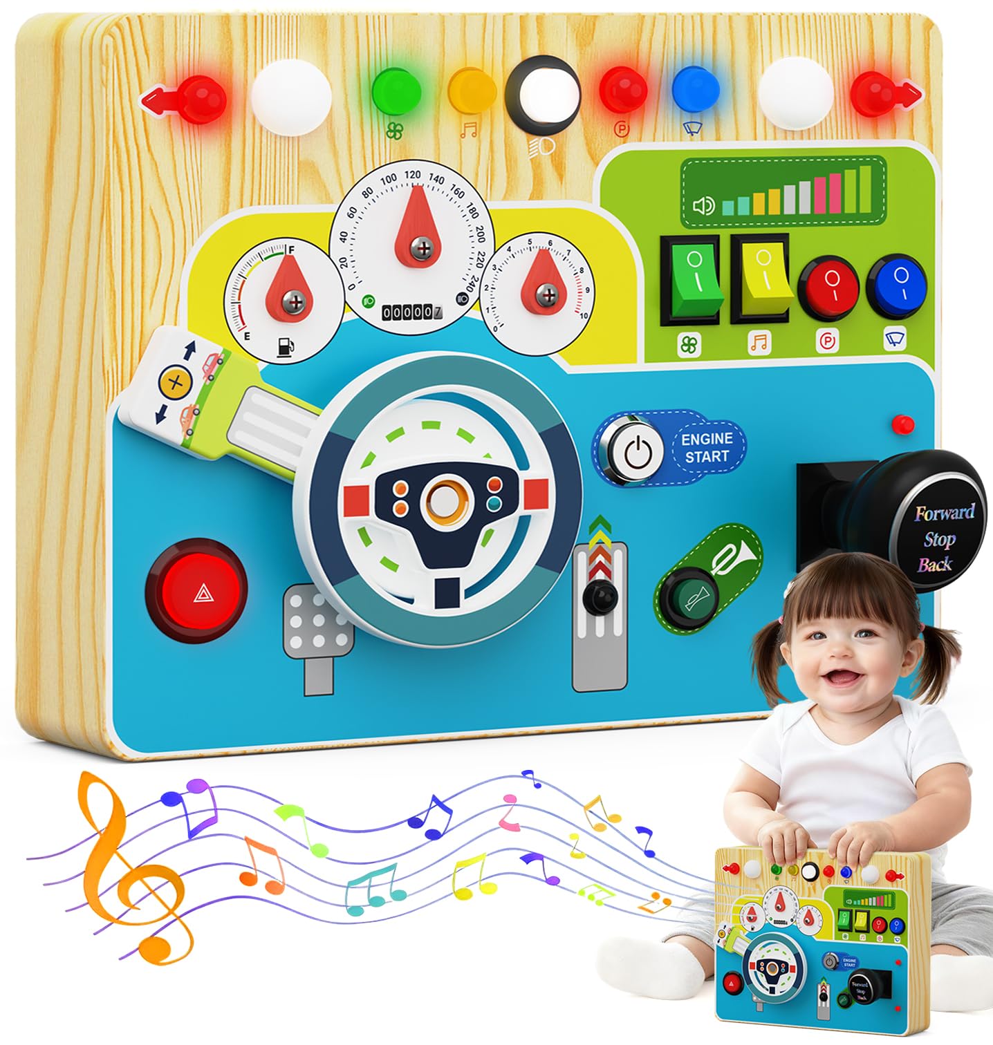 Busy Board With Led Light - Montessori Busy Board Wooden Sensory Toys for Toddlers 1 2 3 Years Old, Educational Baby Fidget Boards Toy, Creative Birthday Christmas Gifts for 1-3 2-3 3-4 Year Old Boys
