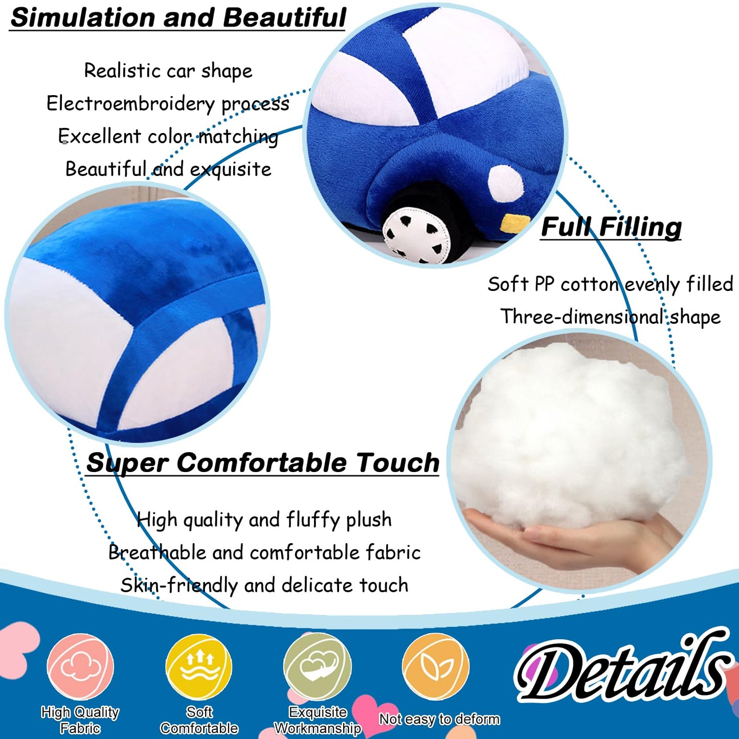 zhidiloveyou Car Plush Blue Stuffed Car Shaped Pillow Cute Toy Decor Gifts for Kids 11.8 inch