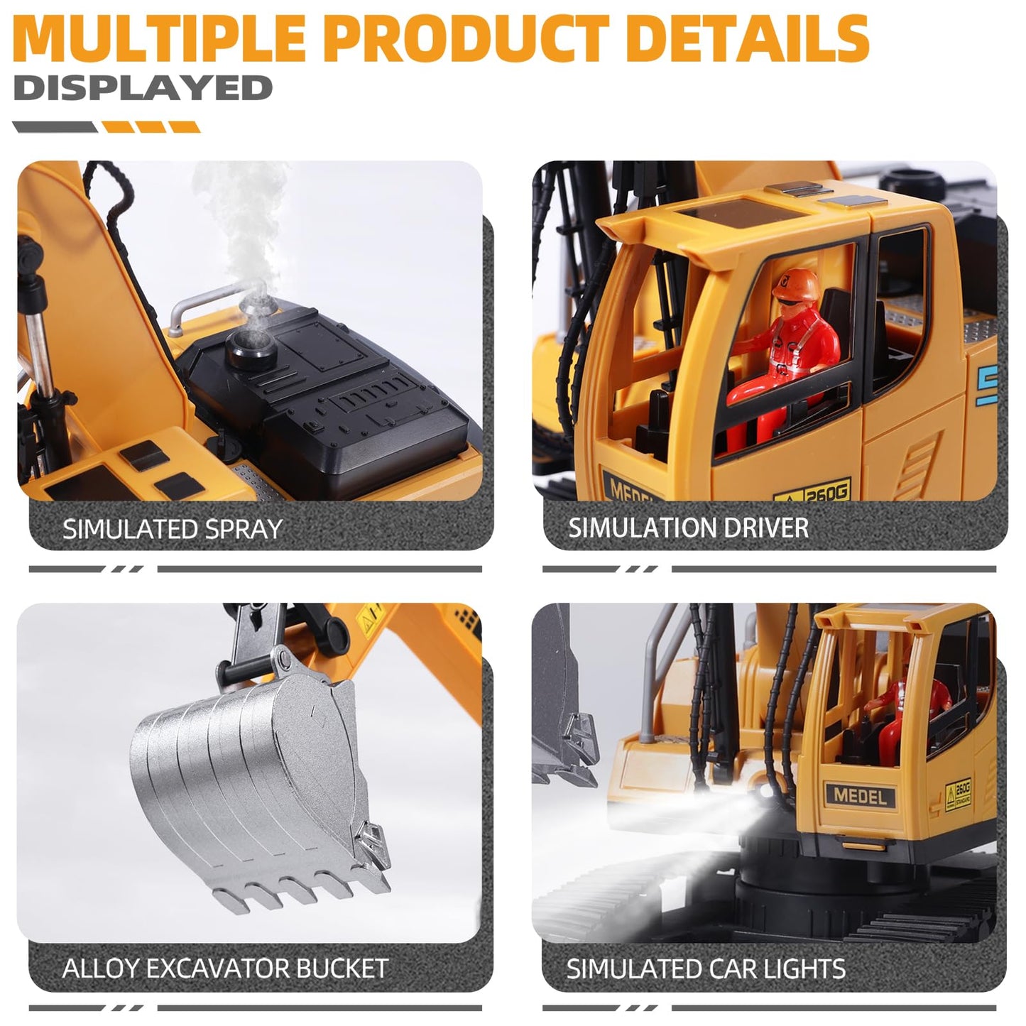 ViRockSign Remote Control Excavator Toys for Boys,16 Channel RC Excavator Construction Toys with Metal Shovel & Light,Simulated Smoke,Christmas Birthday Gift Toy for Boys 3-5 4-7 8-12 Year Old Kids
