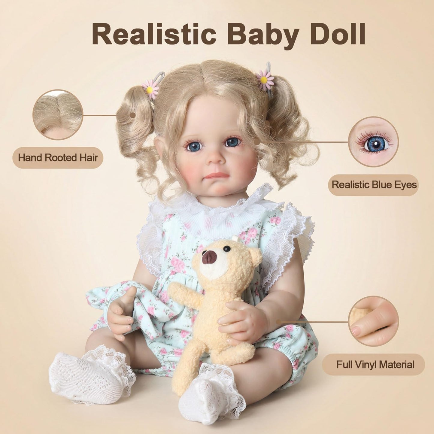 Tookyhill Lifelike Reborn Baby Doll - 22 Inch Realistic Blonde Toddler Doll with Curly Hair, Blue Eyes & Soft Plush Bear, BPA-Free Poseable Full Body Vinyl Real Life Doll for 3+ Kids Pretend Play