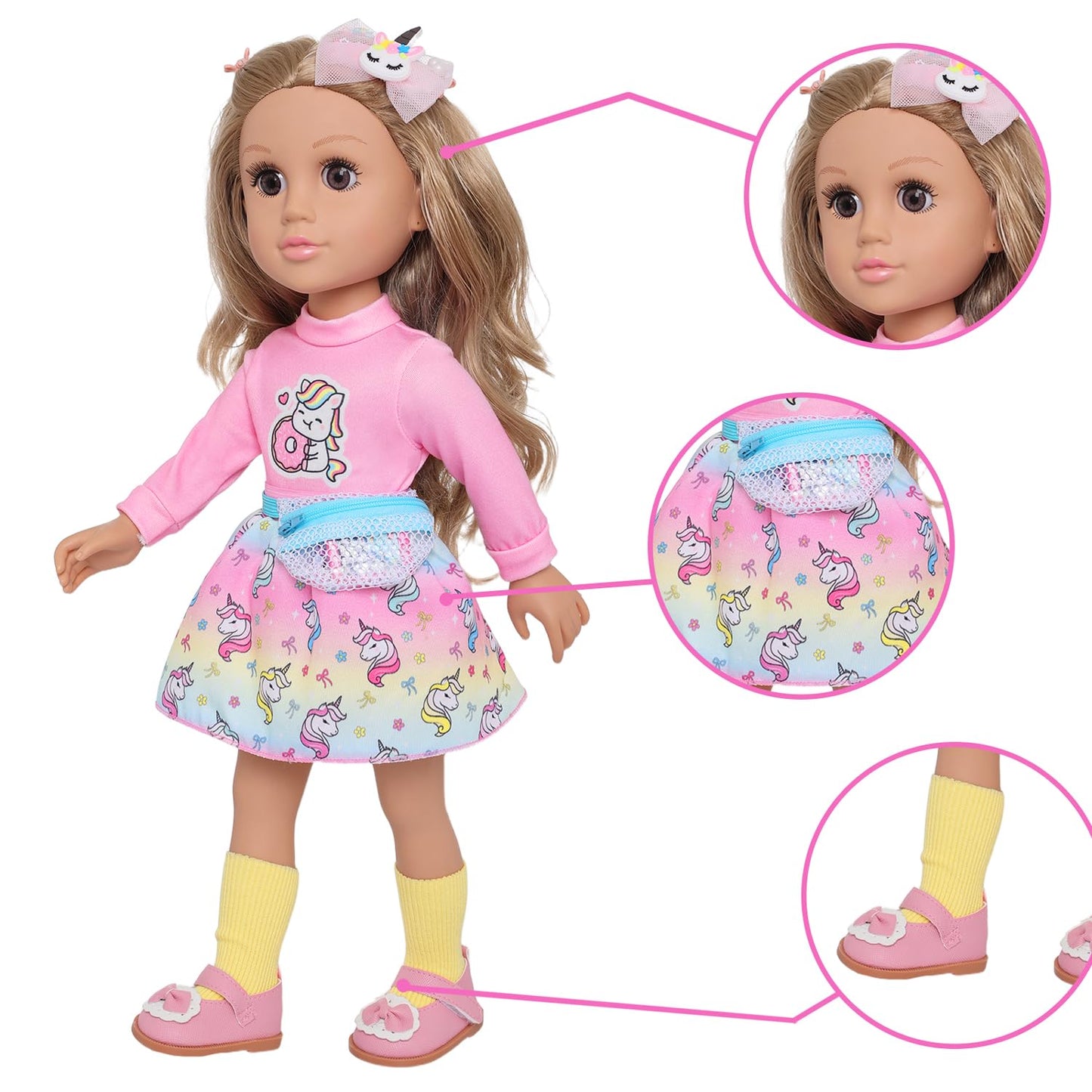 Ecore Fun 18 Inch Girl Doll with Clothes Accessories, Fashion Doll with Styling Brown Hair, Unicorn Hair Clip, Phone, Bag, Outfit & Shoes, Gift Ready for Birthday & Pretend Play
