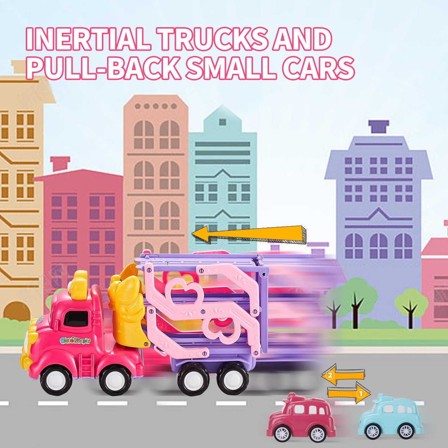 Sciencow Toddler Girls Cars for 1 2 3 4 5 Year Old,7-in-1 Pink Princess Foldable Transport Carrier Trucks with Lights and Music,Birthday Presents for 1-3 3-5 Yrs Old Babys