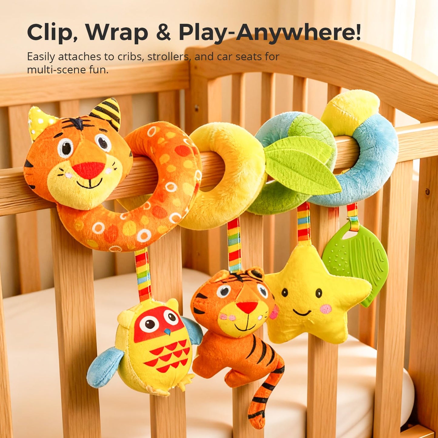 Carseat Toys Hanging for Babies 0-6-12 Months – Plush Spiral Car Seat Toys with Rattles, Crinkle & Teether – Stroller, Crib Hanging,for Baby Gym