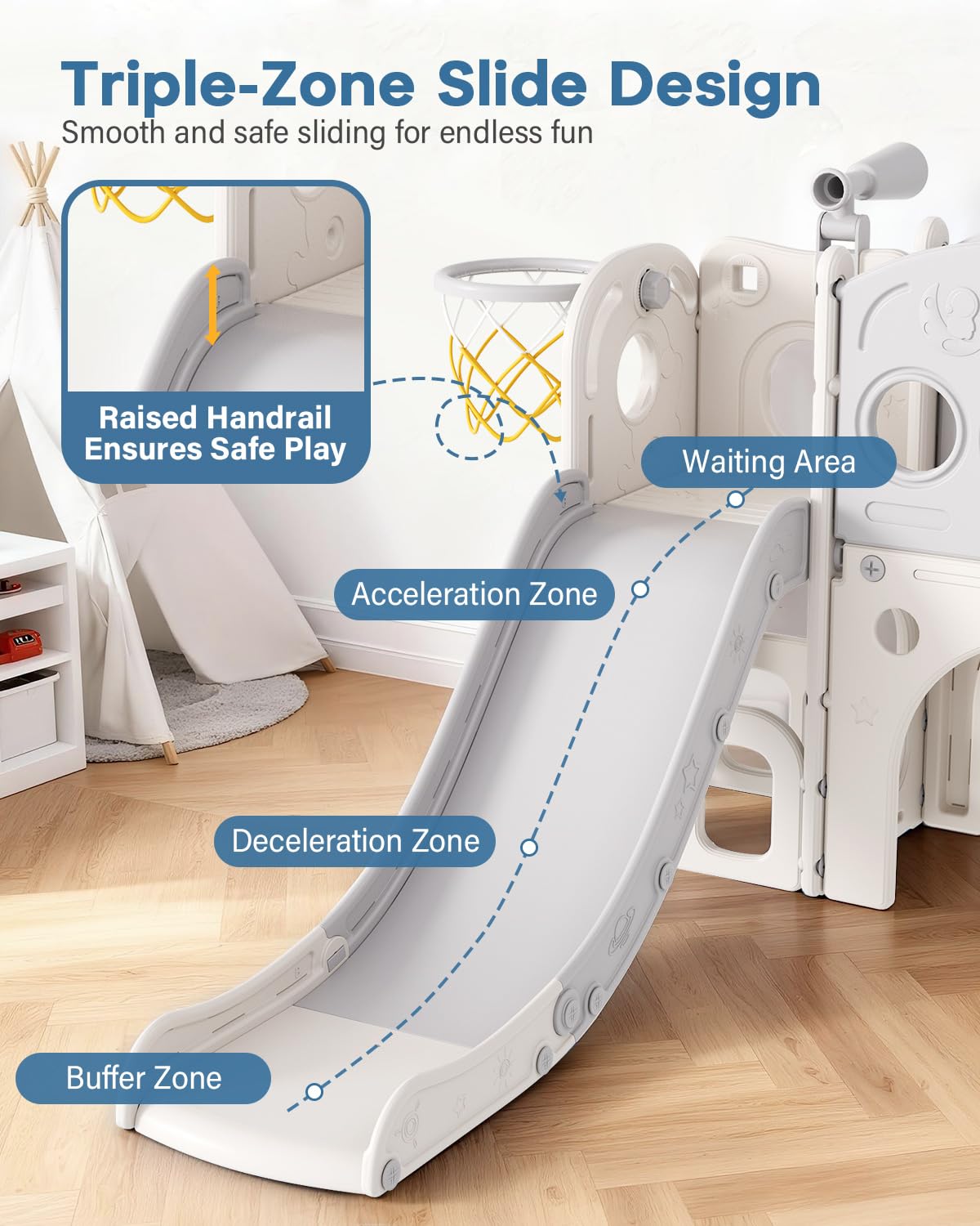 Babytronic Toddler Slide Set, 8 in 1 Kids Slide with Climber, Indoor Outdoor Slide for Toddlers Age 1-3, Toddler Playset with Basketball Hoop and Tunnel, Toddler Indoor Outdoor Playground (White&Gray)
