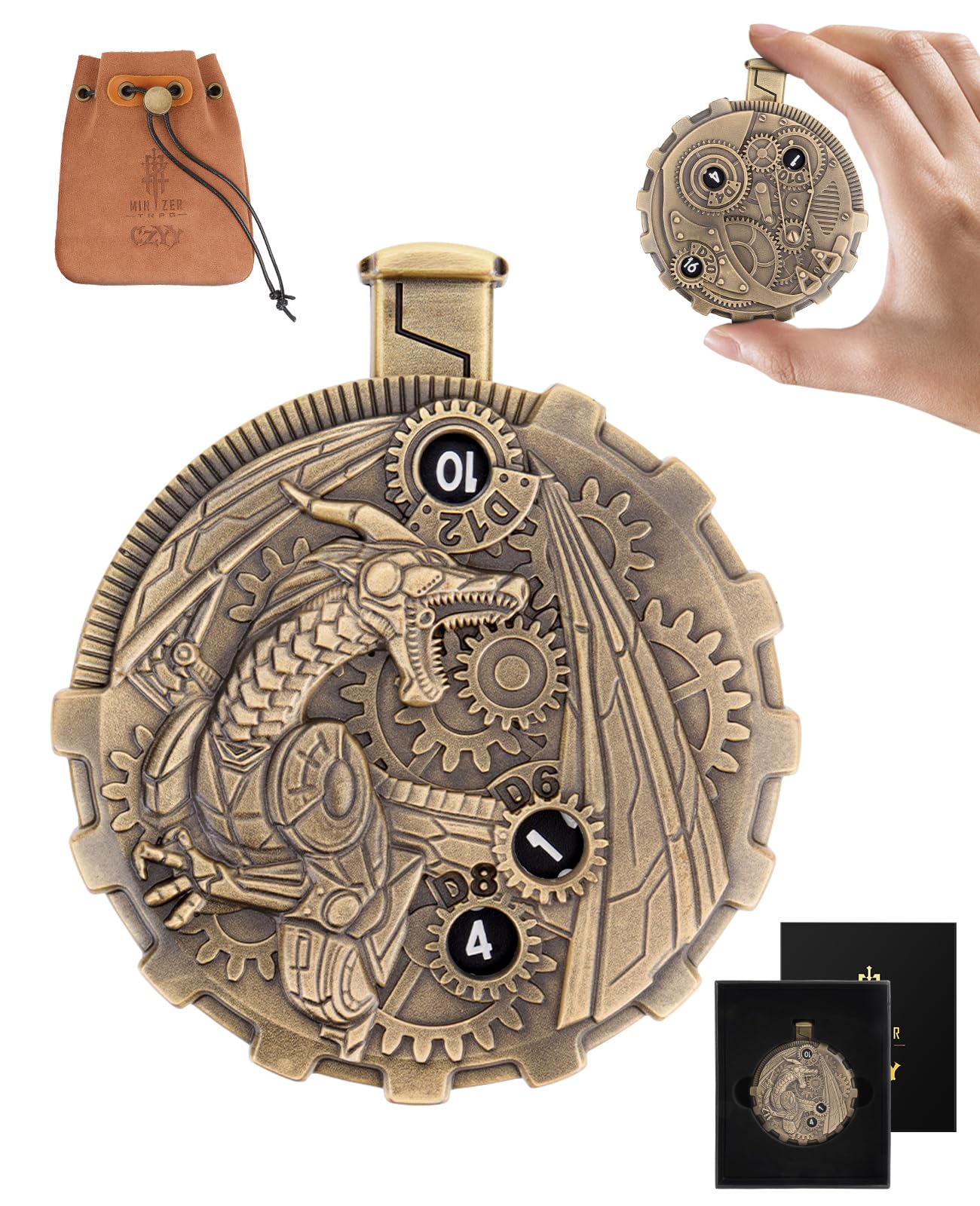 MinZerTRPG Roulette Dice 3.0 – Steampunk Dragon Spinner Dice for DND | 7-in-1 Metal Tabletop RPG Dice Set with Pouch | EDC Gadget Gift for Dice Goblins, DM & Fantasy Engineers (Steampunk Dragon A)