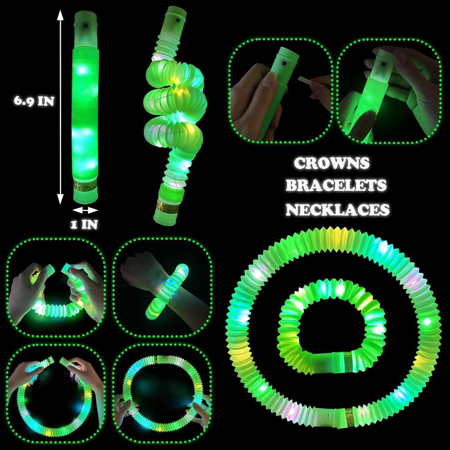 Kannove 12-24 PCS Green Glow Sticks Party Favors Supplies for Kids,4th of July LED Light up Pop Tubes for Toddlers,Neon Necklaces Bracelets Accessories,Glow Birthday Dance Camping Party Decorations