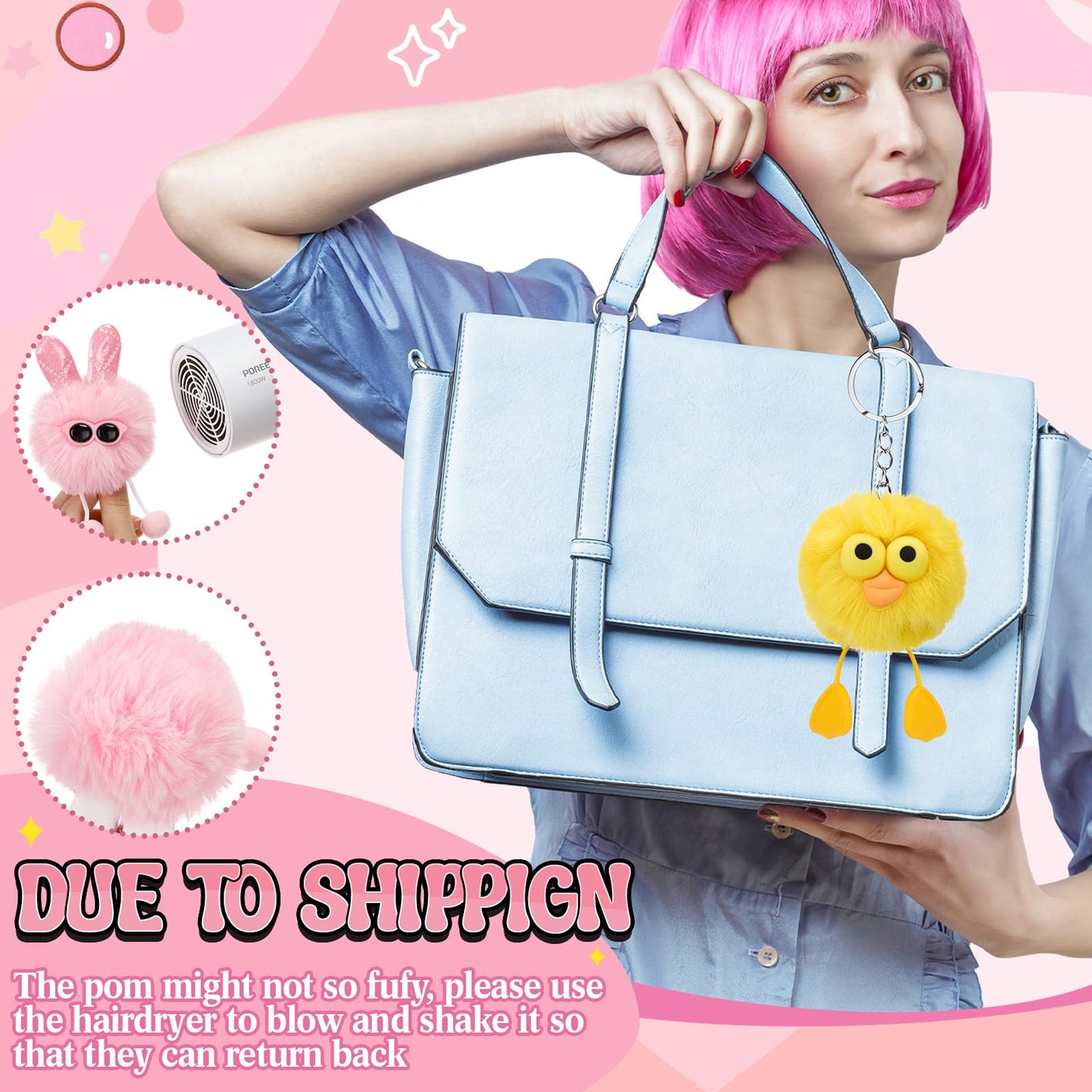 Equsion 48 Pcs Kawaii Keychains Bulk Cute Plush Keychains Fluffy Pompoms Balls with Tassels and Keyrings Key Chain Kawaii Party Favors for Birthday Goodie Bags Piñata Prizes(Funny)