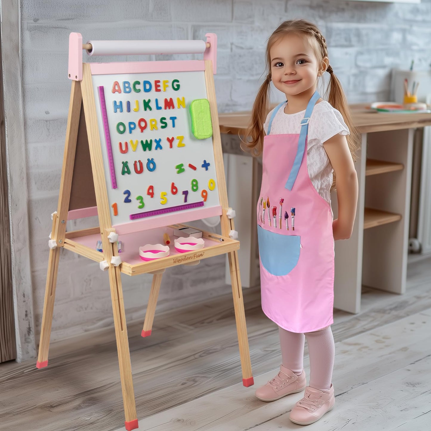 Kids Wooden Easel with Paper Roll, Adjustable Magnetic Double Sided Drawing Board Whiteboard & Chalkboard Dry Easel Board, Children Art Easel for 3-12 Years Kids Boys Girls Painting Drawing (Pink)