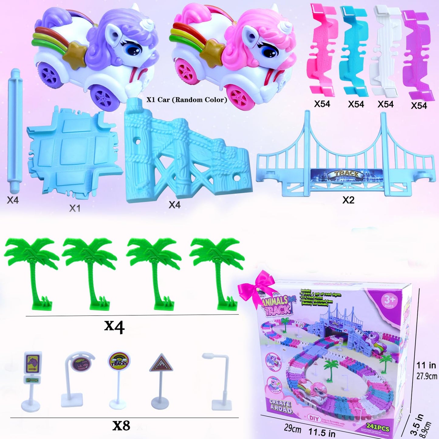Tracks Car Toys Set for 2 3 4 5 6 7 Year Girl Toddler, 248 PCS Pink Magic Bendable Race Track Toy with 1Unicorn Car Toy and 1 Pink Train, Birthday Gift Idea for Kid