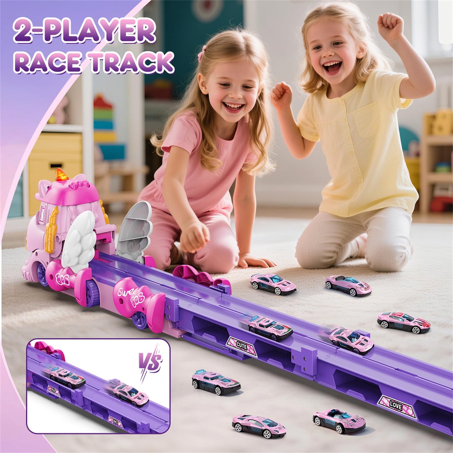 VATOS Toddler Truck Car Toys for 3 4 5 6 Year Old Girls, Foldable Race Track Toy with 6 Race Cars, Portable Transport Carrier Truck with Light & Music, Princess Toys Cars Gift for Kids Girls