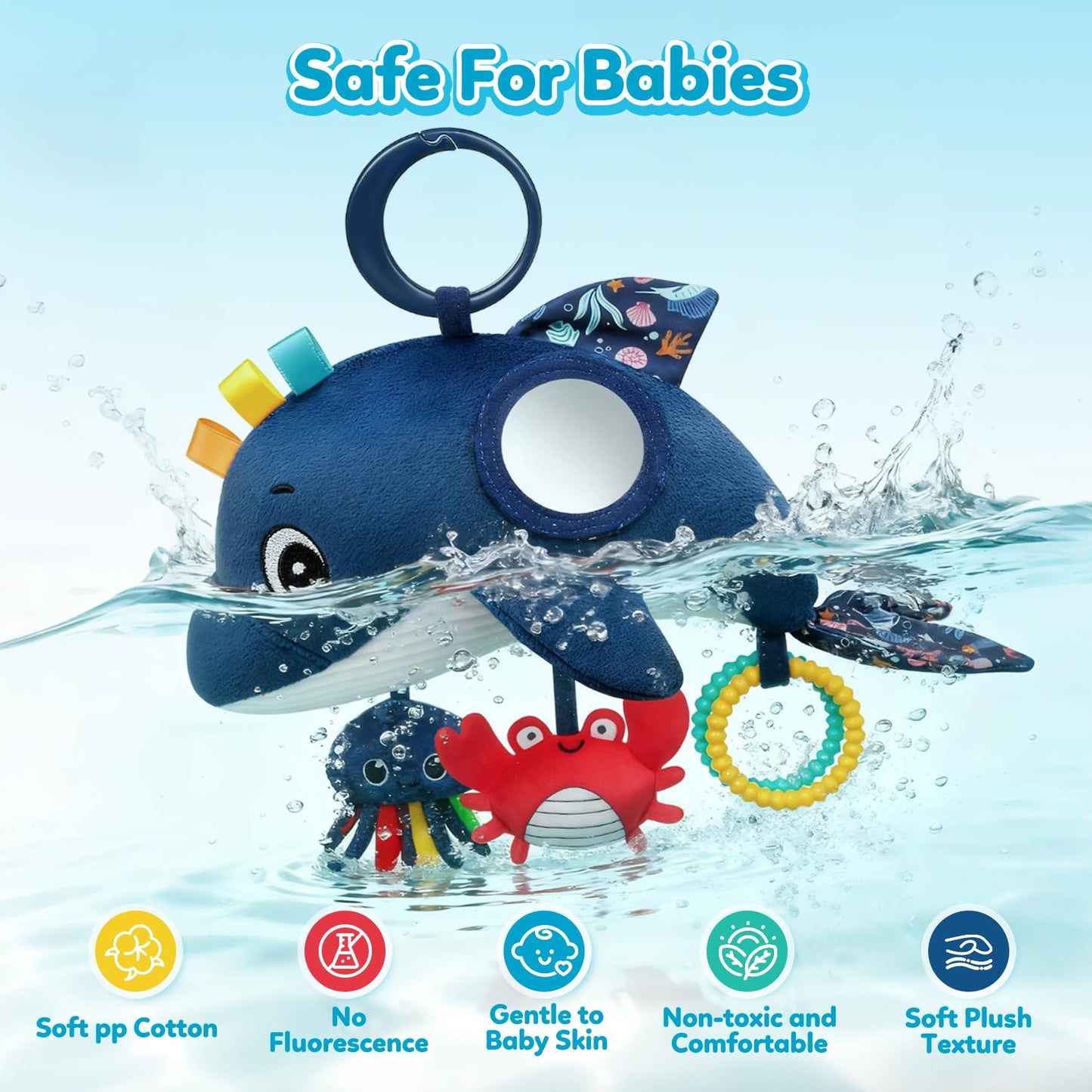 TSYAN Car Seat Toys for Babies 0-12 Months,Hanging Baby Activity Toy for Car seat,Stroller,Crib & Gym,Infant Plush Rattle with Mirror, Crinkle, Clip-On for Boys & Girls