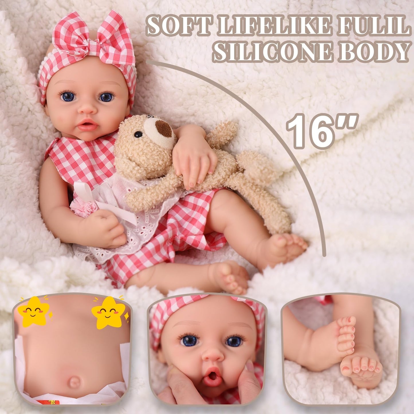 BABESIDE 16 Inch Silicone Baby Doll Realistic Newborn Girl Reborn Doll with Pink Gingham Outfit, Full Body Platinum Silicone Lifelike Baby Gift for Kids 3+ & Collectors