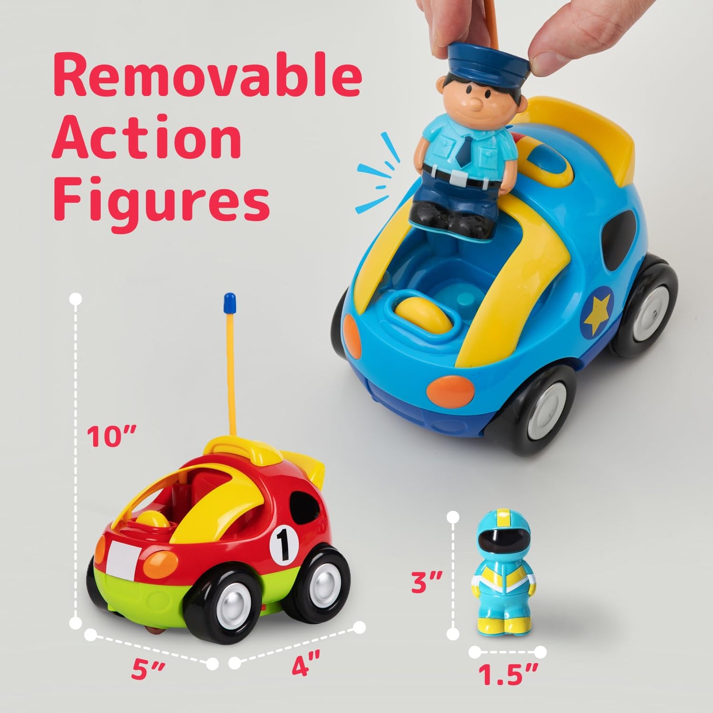 PREXTEX 2 Pack Cartoon Remote Control Cars for Toddlers - Police Car and Race Car with Steering Wheel Controllers and Lights - Different Frequencies Racing Together - Easter Toddler Gift 18+ Months