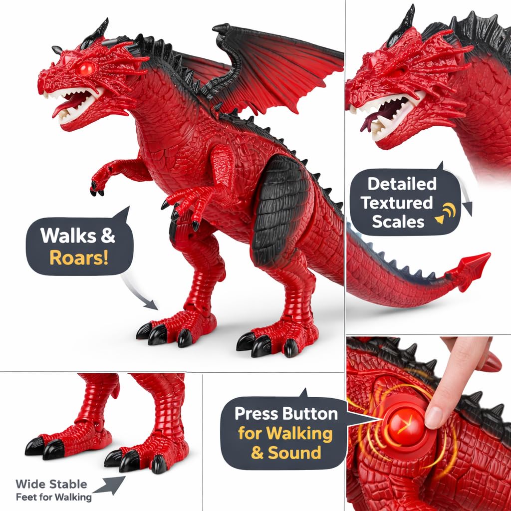 Liberty Imports Walking Dragon Toy - Interactive Robotic Fire Dragon Large 18” Battery Operated Figure with Flapping Wings, Roaring Sounds, and Light Up Eyes for Kids (Walking Dragon)