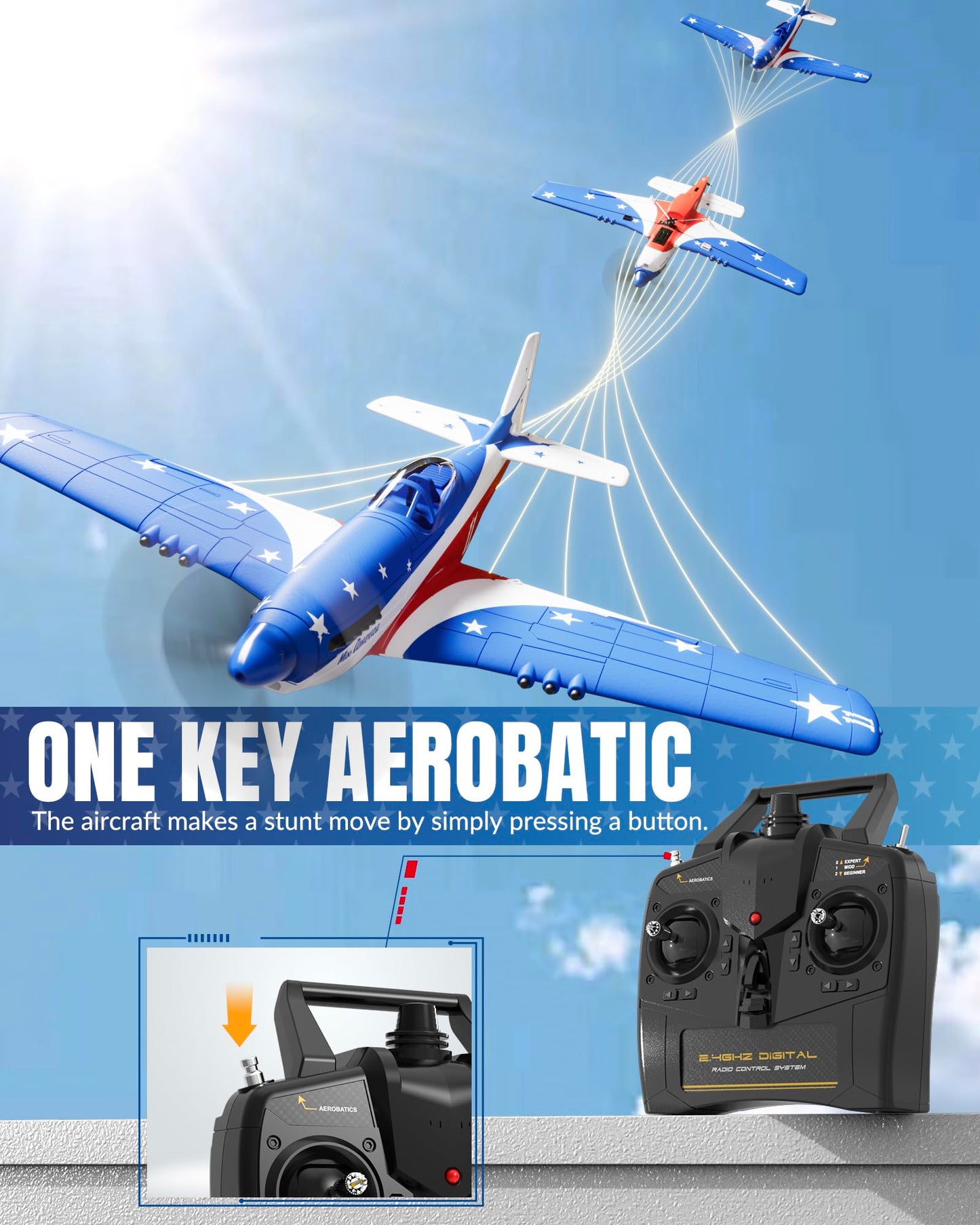 volantexrc RC Plane, 4 Channel Remote Control Airplane P51d Mustang with Gyros, Aileron, Aerobatics, 3 Modes to Fly for Adults & Beginners (Multi Color)