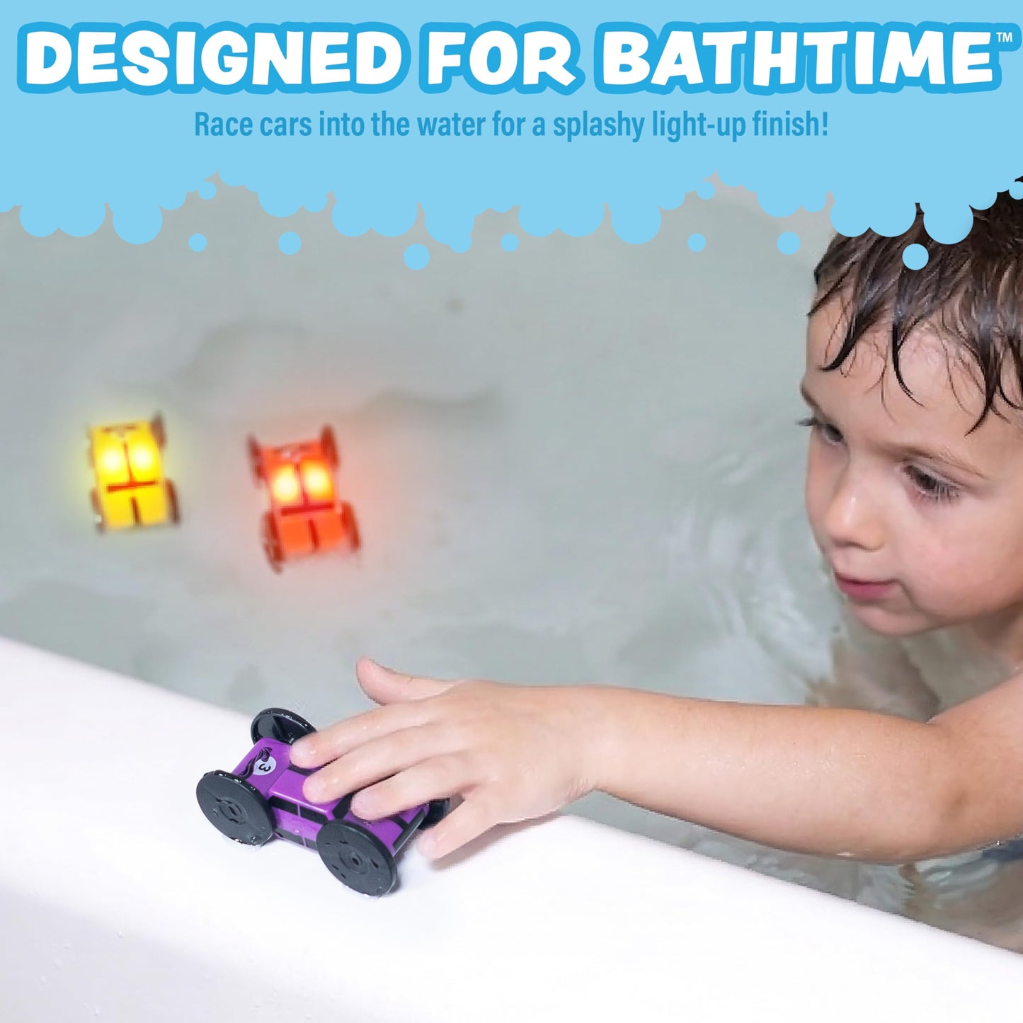 Tub Works® Splash Wheels™ Race Car Light Up Bath Toys, 3 Pack | Water-Activated Light Up Toys Flash & Change Color | Expansion Bath Cars for Bathtime Raceway Car Ramp | Fun Toddler & Kids Bath Toys