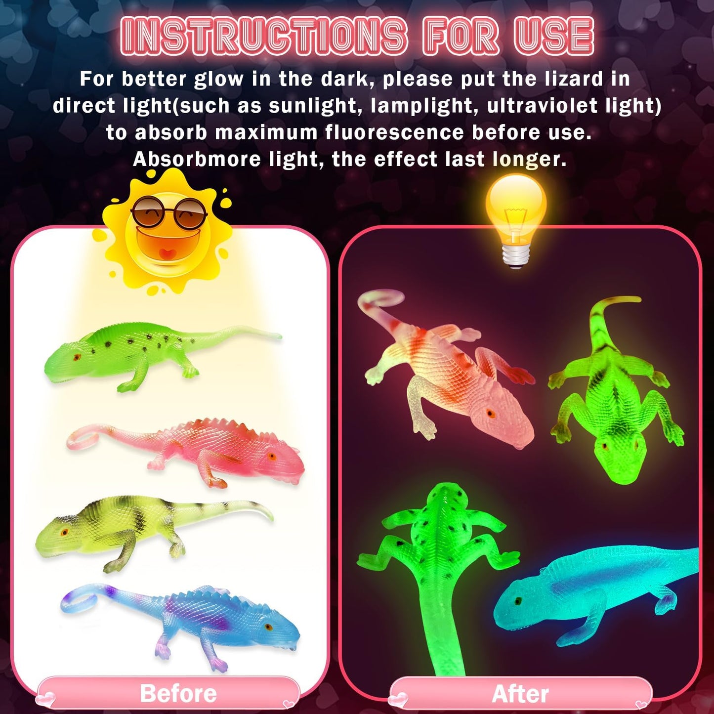 AuroTops Valentines Day Cards for Kids, 24 Pack Glow in The Dark Lizards with Valentine's Cards, Stretch Toy for Valentine Party Favors for Boys & Girls, Kids Exchange Valentine's Gifts